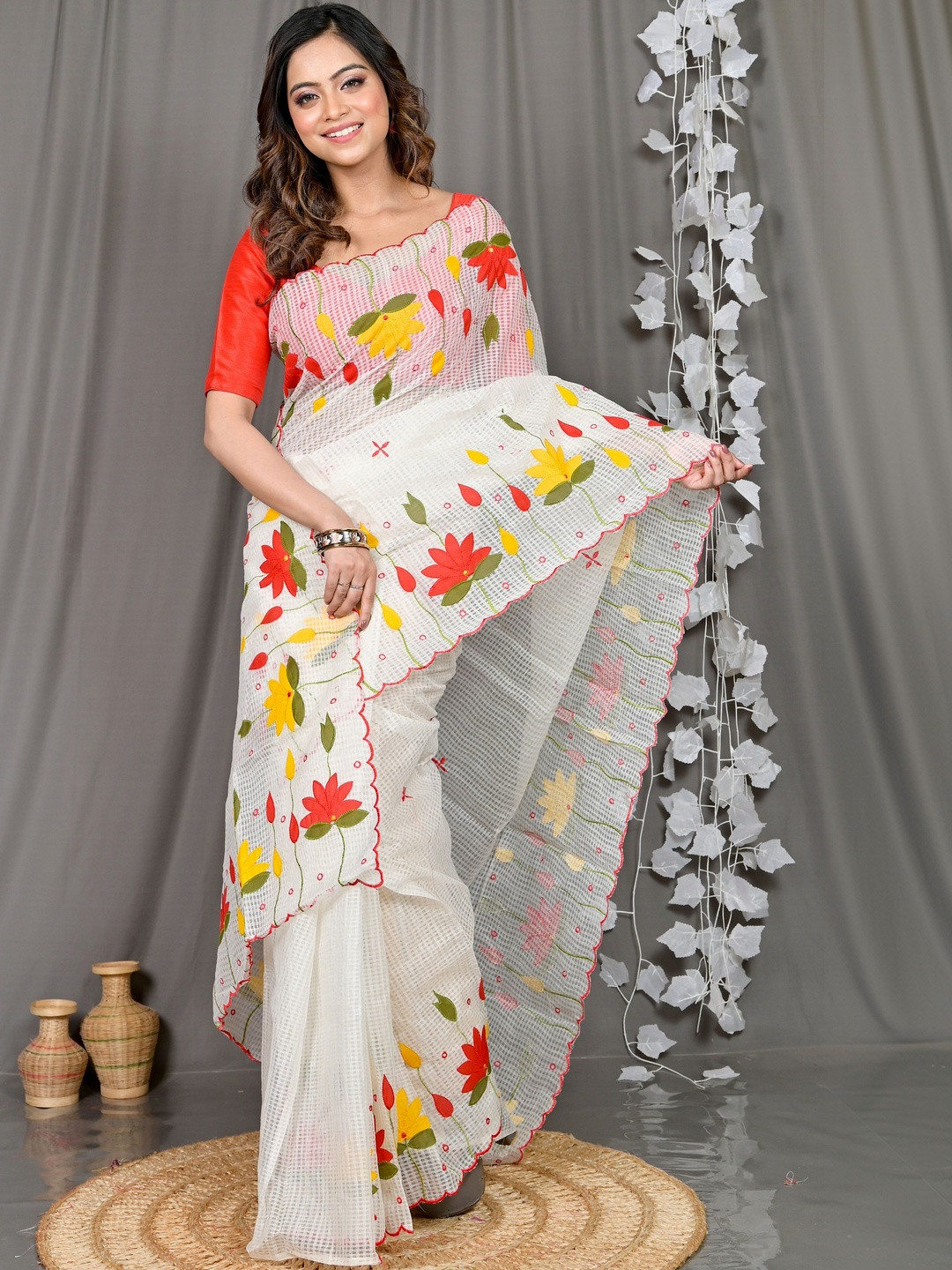 PuJoy Kota Cotton Traditional Bengali Parva Design White Applique Sarees