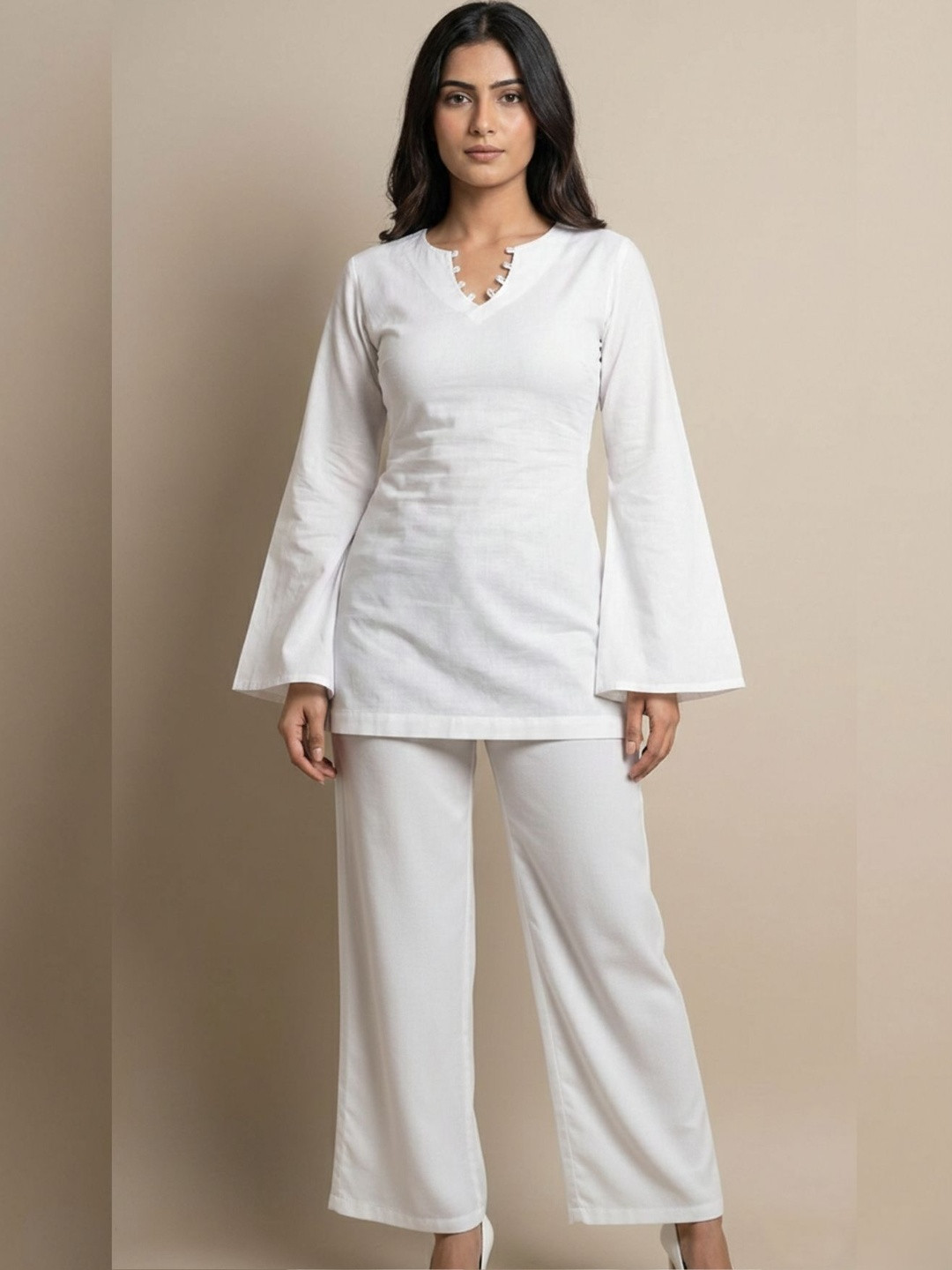 SYLORA Summer Checks Cotton Solid Tunic with Palazzos