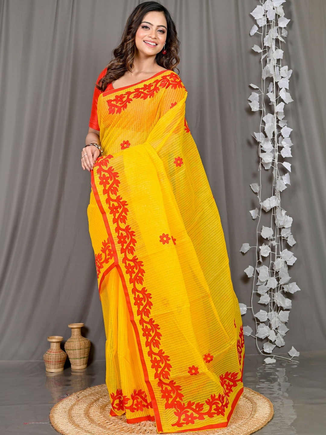 PuJoy Kota Cotton Traditional Bengali Parvani Design Yellow Red Applique Sarees