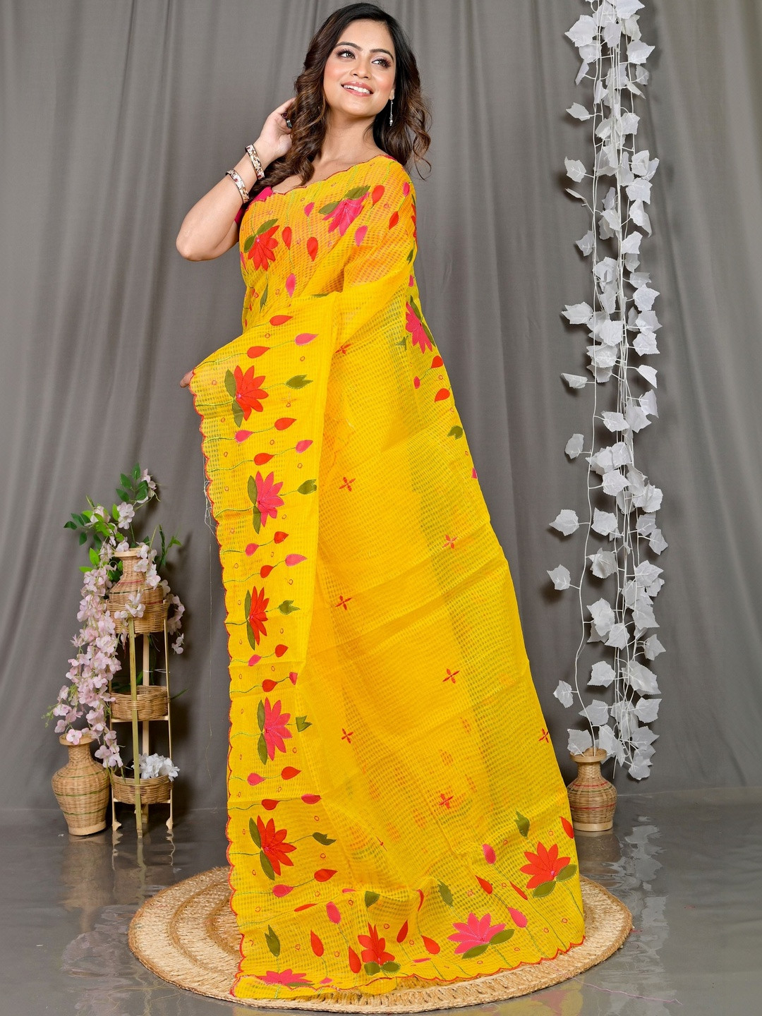 PuJoy Kota Cotton Traditional Bengali Parva Design Yellow Applique Sarees
