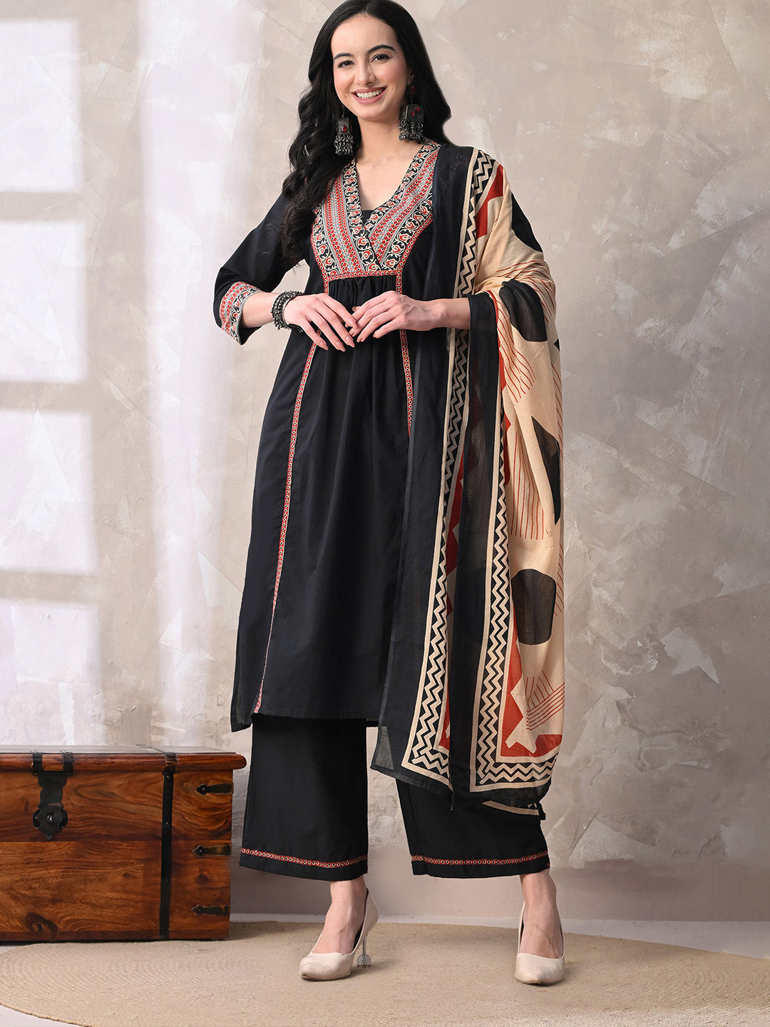 MEERA FAB Motifs Embroidered Empire Sequinned Pure Cotton Kurta with Palazzos & Dupatta
