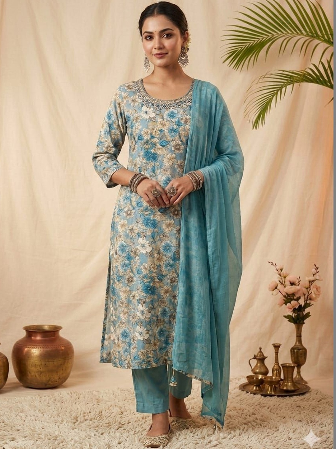 Vagmi Women Floral Printed Regular Beads and Stones Kurti with Trousers & With Dupatta