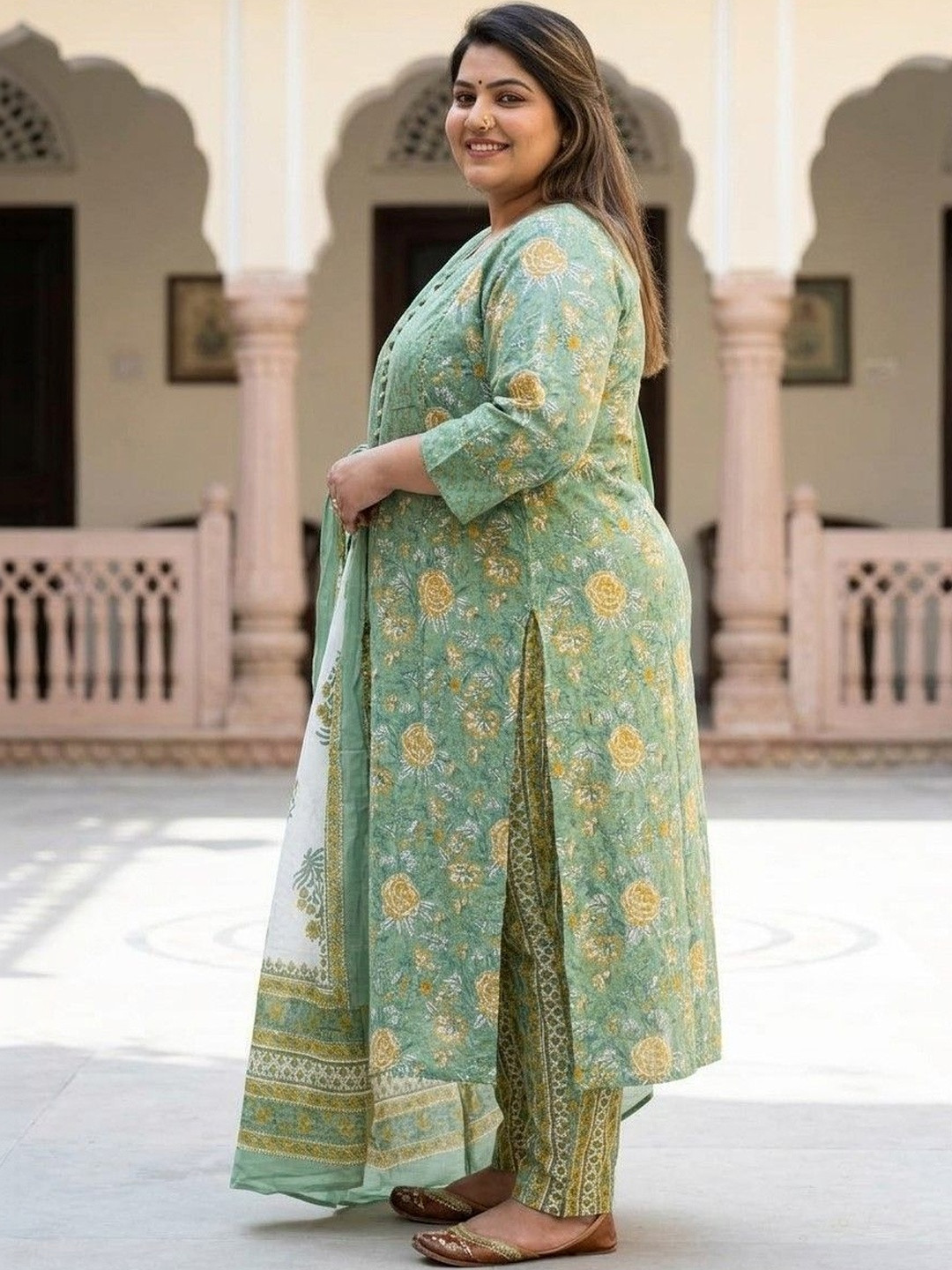 Sztori Women Floral Printed Regular Sequinned Pure Cotton Kurta with Trousers & With Dupatta