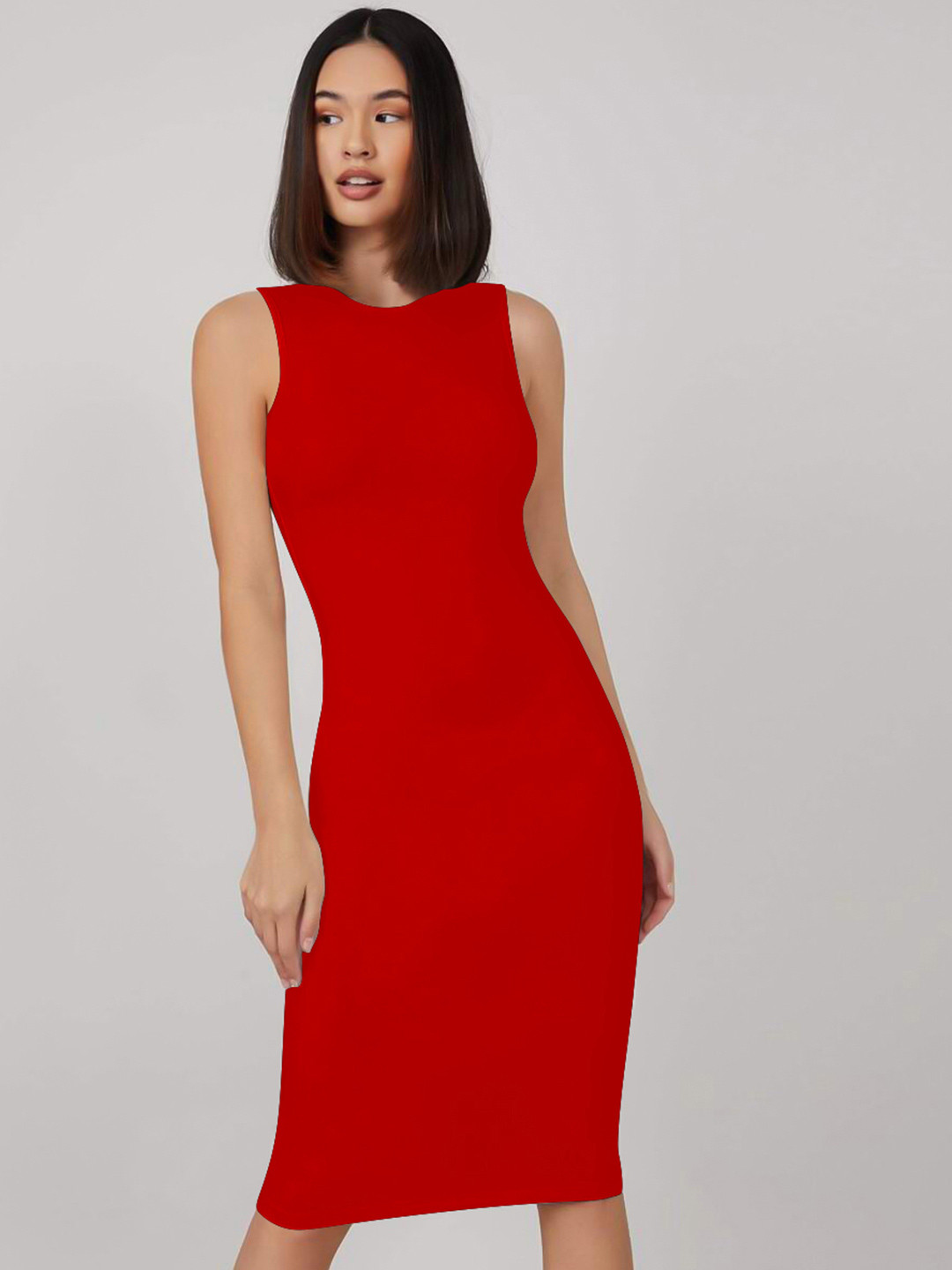 CREZYVEZY Solid sleeveless Midi bodycon dress