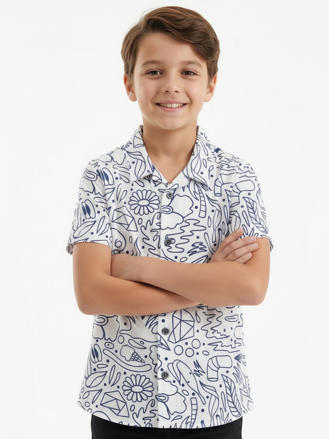 The Lion and The Fish Boys Relaxed Fit Doodle Print Cuban Collar Shirt
