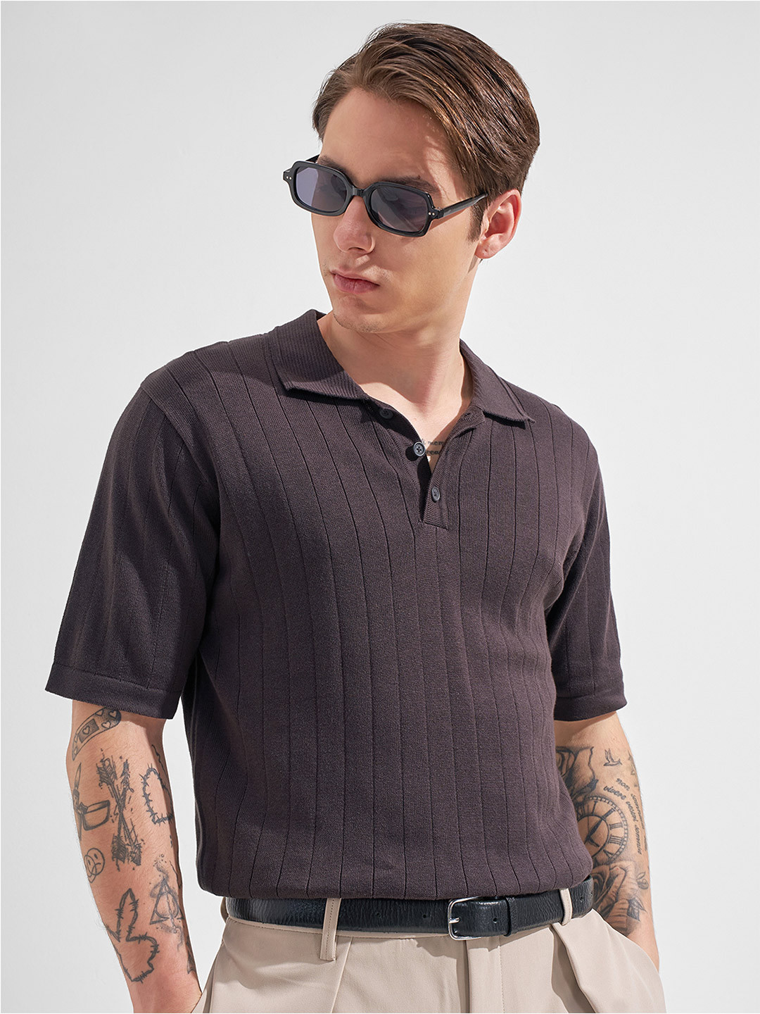 HIGHLANDER Men Relaxed Fit Brown Round Neck Half Sleeve Drop Shoulder Self Design Tshirts