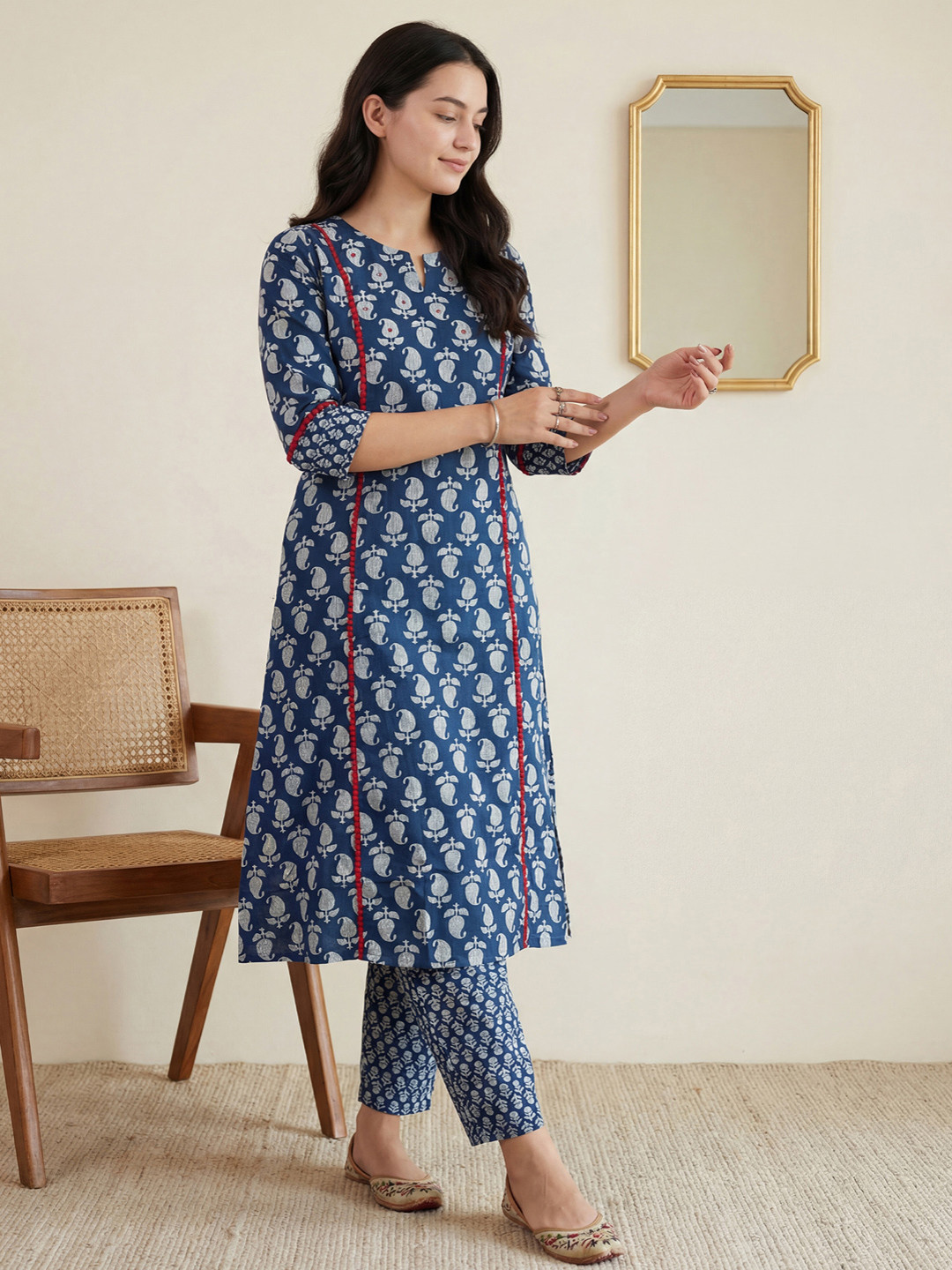 Indo Era Women Paisley Printed Panelled Mirror Work Pure Cotton Kurta with Trousers