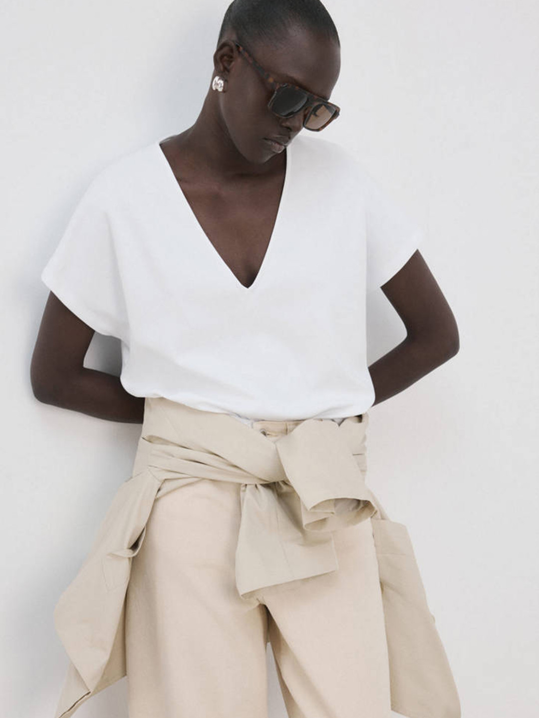 MANGO V-Neck Drop-Shoulder Sleeves Pure Cotton T-shirt