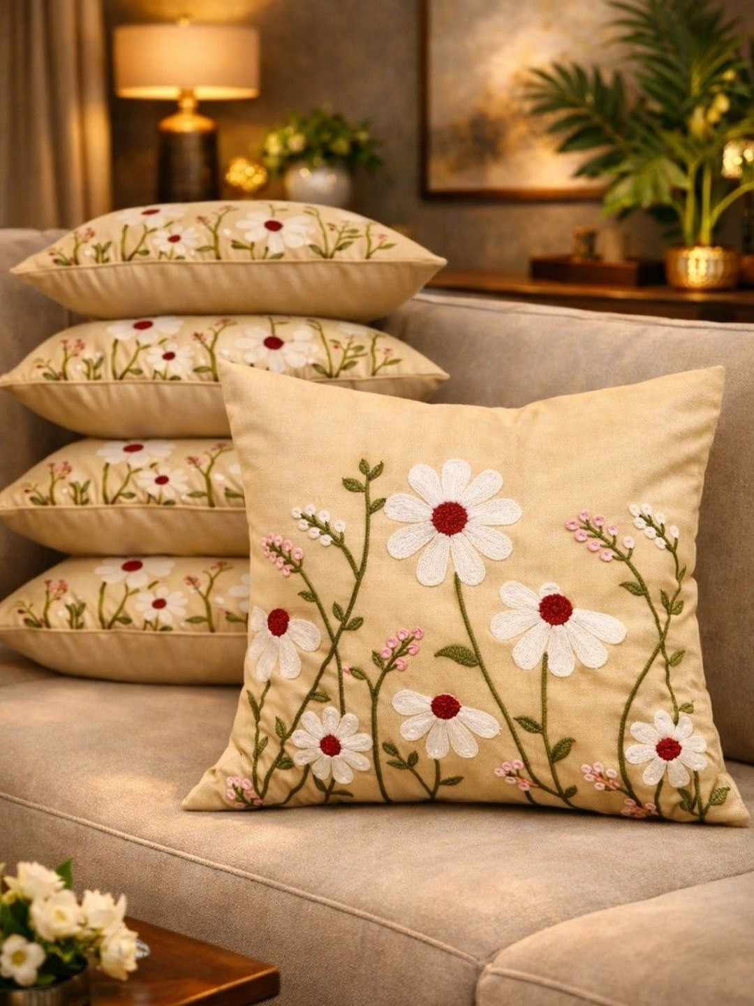 LOFEY Beige Set of 5 Embroidered Satin Square Cushion Covers