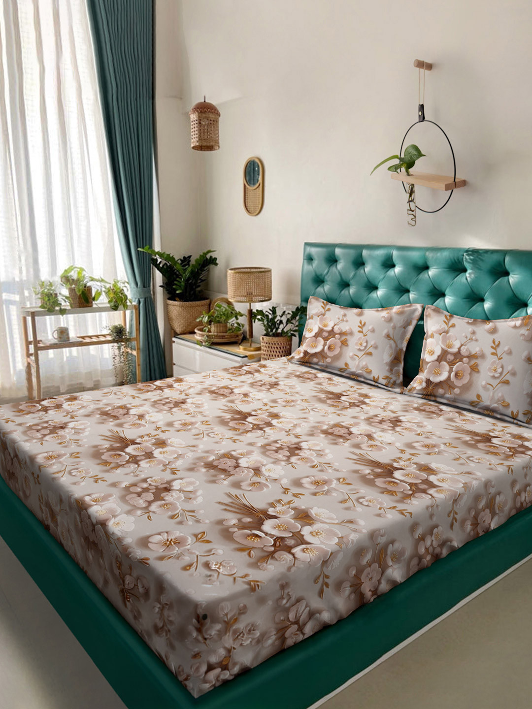 KLOTTHE Cream Floral Printed Fitted 300 TC King 7D Bedsheet With 2 Pillow Cover
