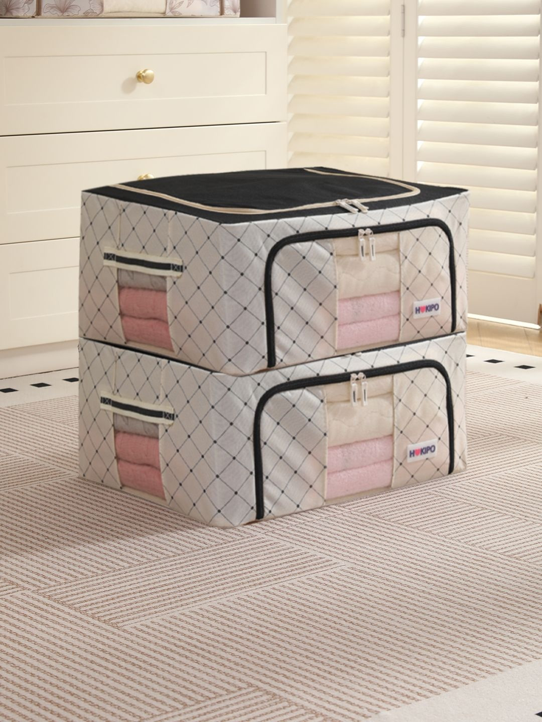 HOKIPO Ivory Noir 44L Clothes Storage Box 600D Oxford Fabric Pack of 2