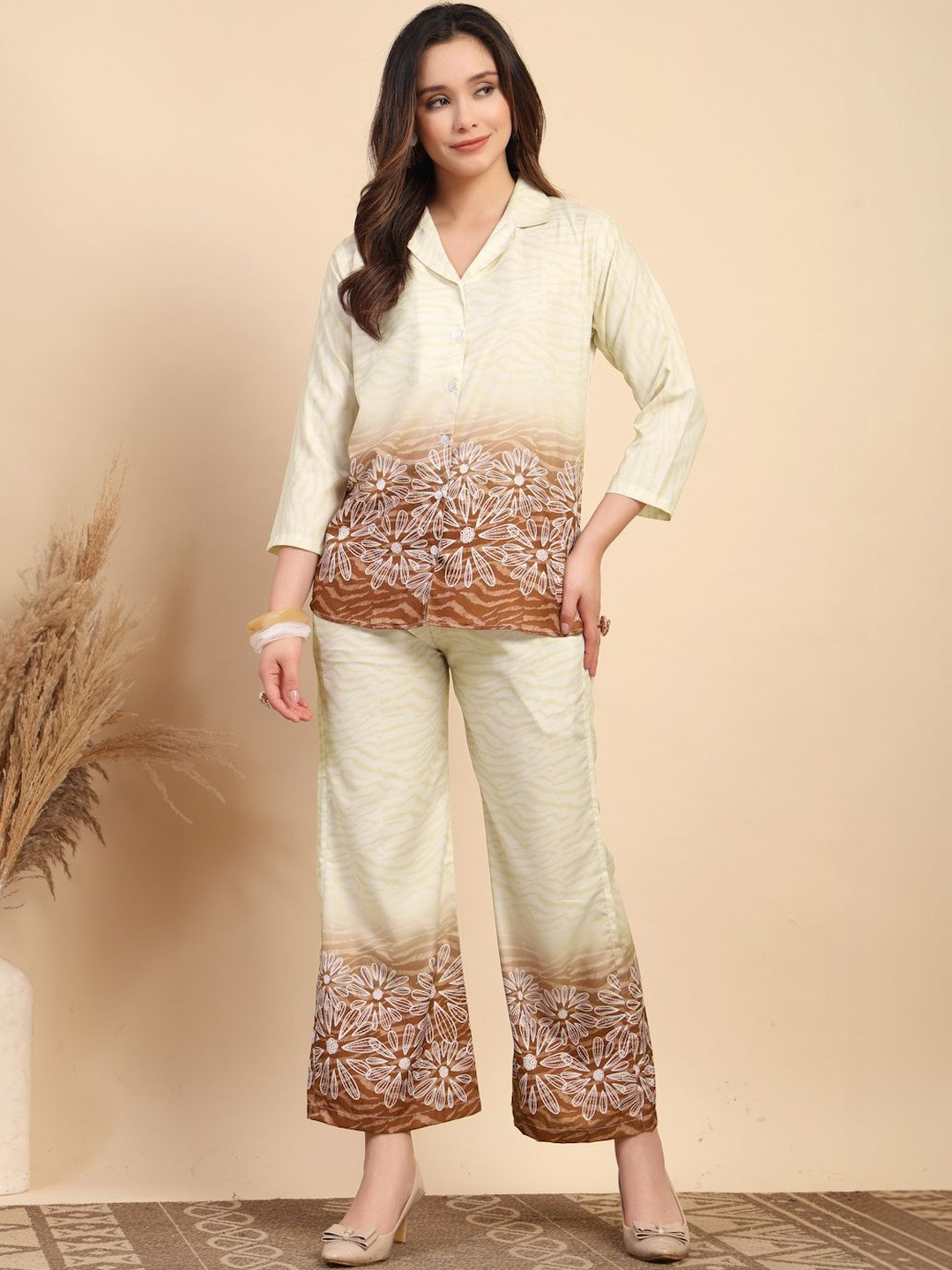 KLOTTHE Cream & Brown Printed Cotton Blend Shirt With Trousers