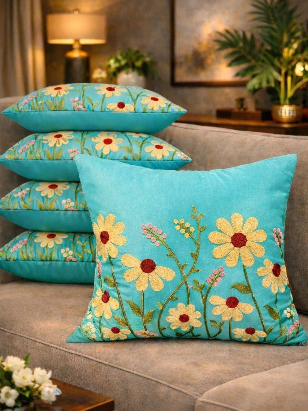 LOFEY Green Set of 5 Embroidered Satin Square Cushion Covers