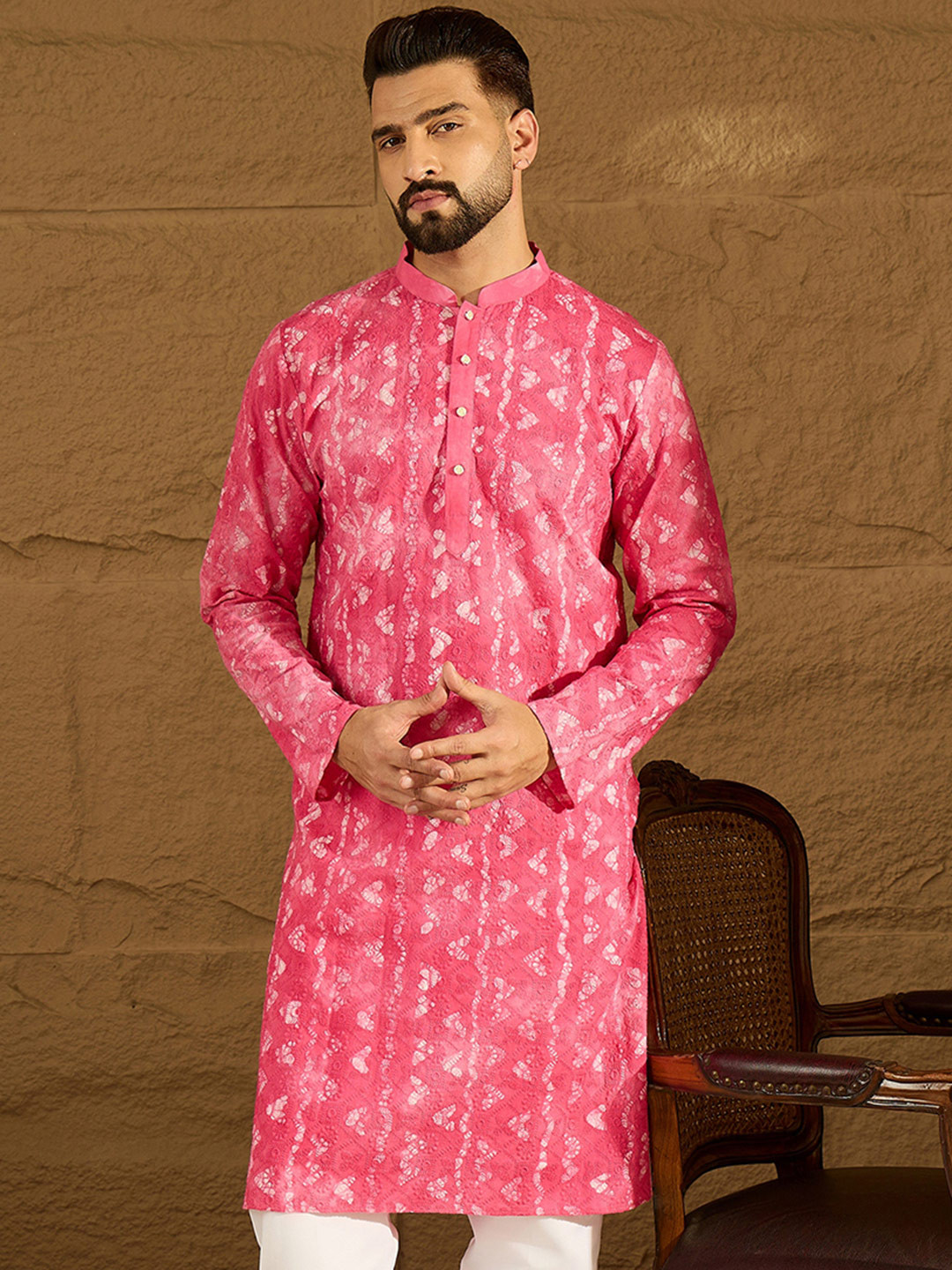 House of Pataudi Embroidered Pure Cotton Mandarin Collar Knee Length Straight Kurta