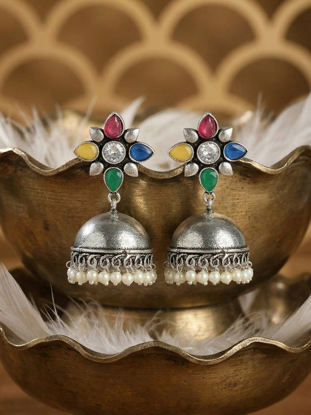 AITIHYA Silver-Plated Artificial Stones & Beads Oxidised Dome Shaped Jhumkas