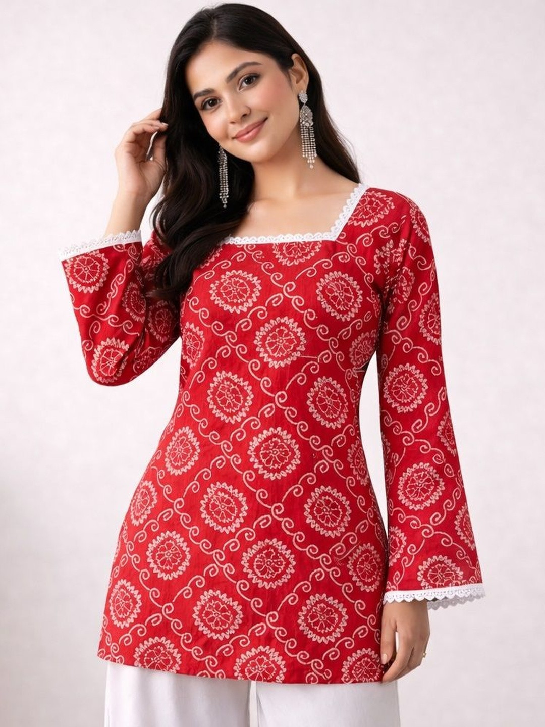 Vastrakaya Bandhani Printed Square Neck Pure Cotton Blend Kurti