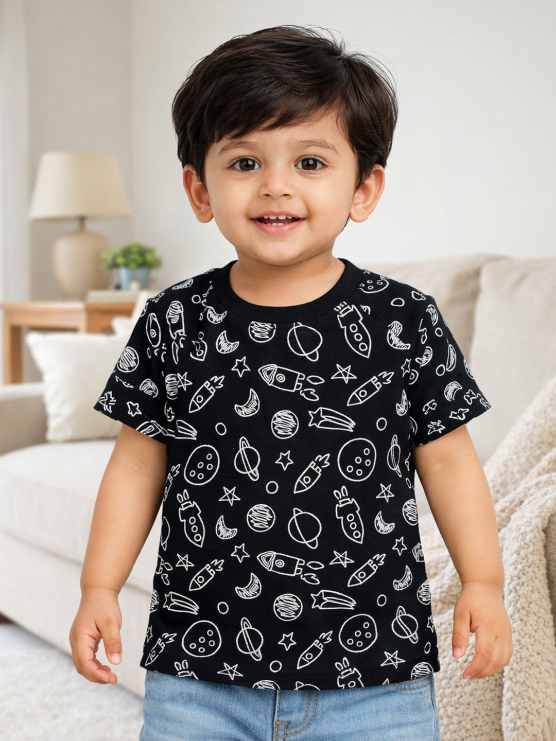 Infant Boys Cotton All Over Print Casual Round Neck Half Sleeve T-Shirt