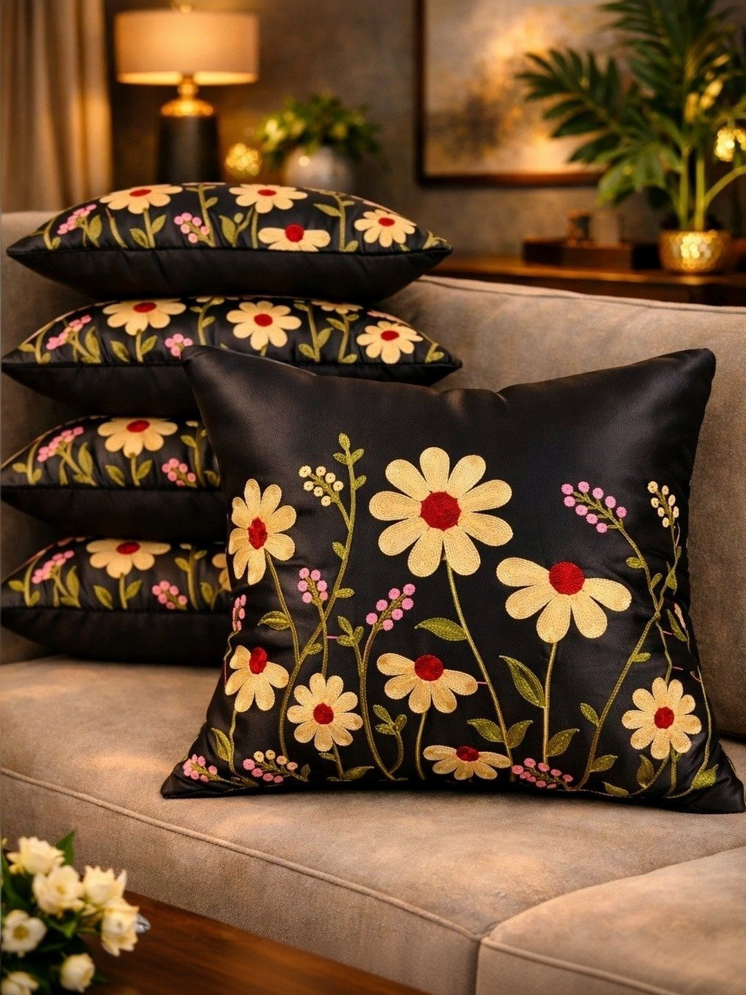 LOFEY Blue Set of 5 Embroidered Satin Square Cushion Covers