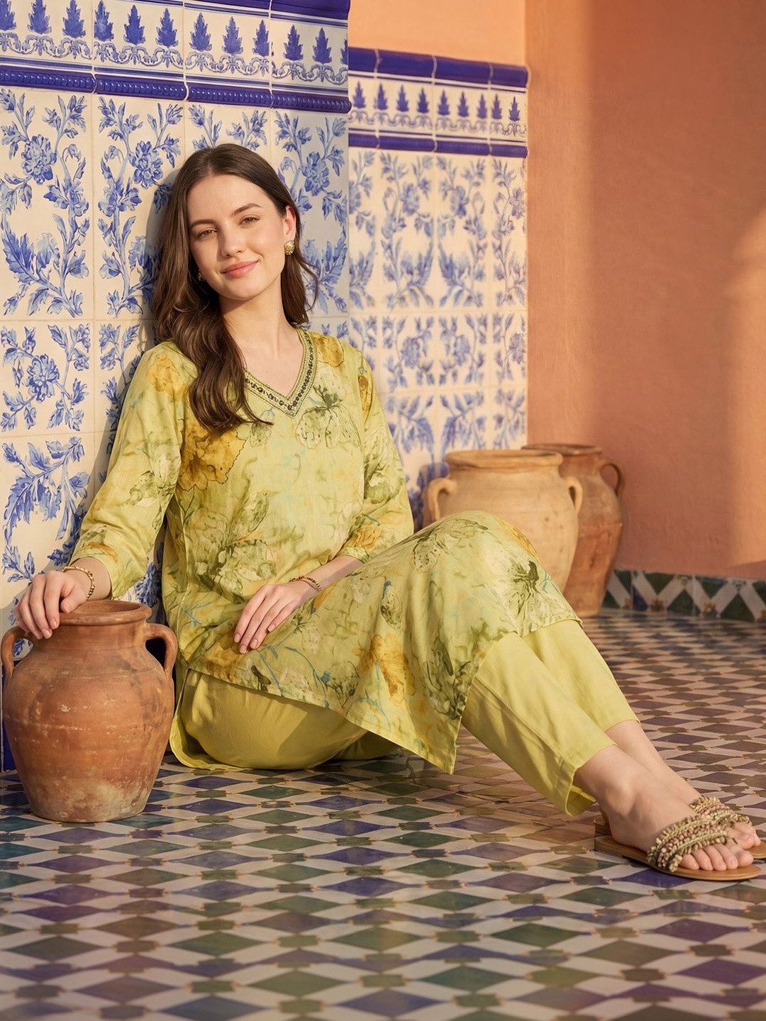 Indo Era Green Embroidered Straight Co-ords Set