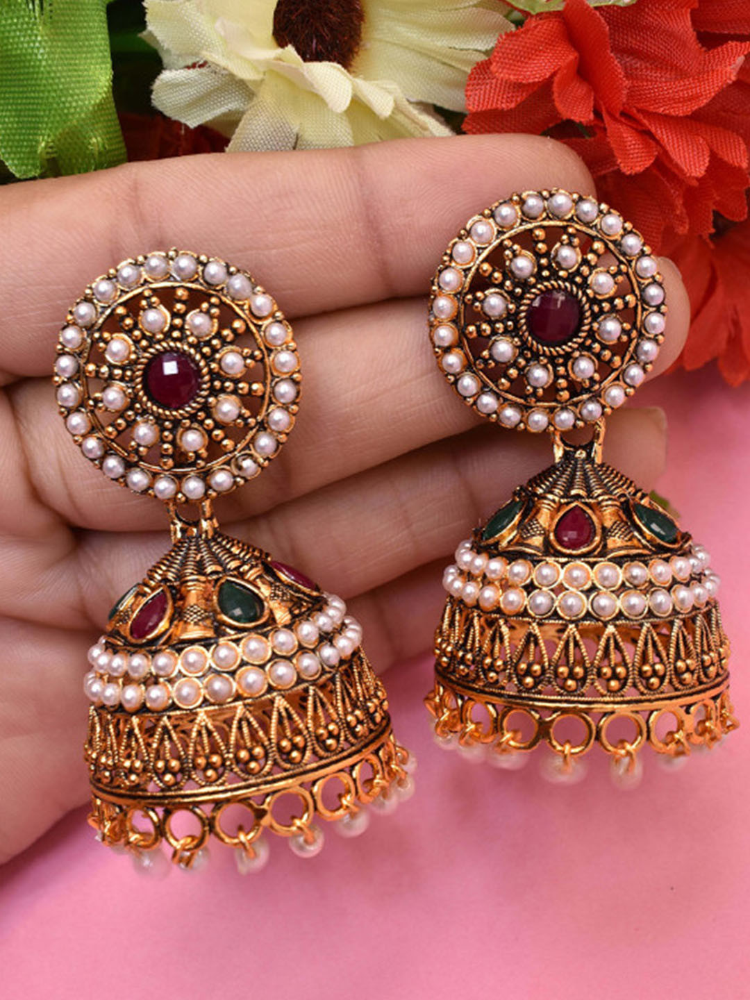 MEIRA JEWELLERY Gold-Plated Artificial Stones Studded Contemporary Jhumkas