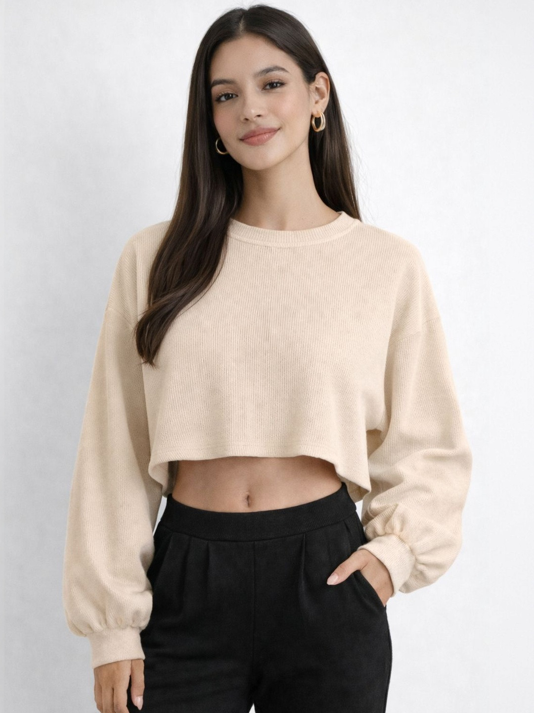 CREZYVEZY Round Neck Bishop Sleeves Crop Top