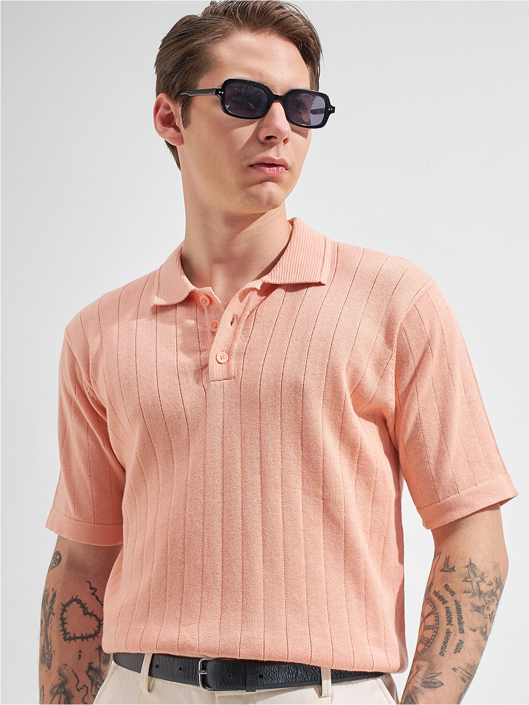 HIGHLANDER Men Relaxed Fit Pink Round Neck Half Sleeve Drop Shoulder Self Design Tshirts
