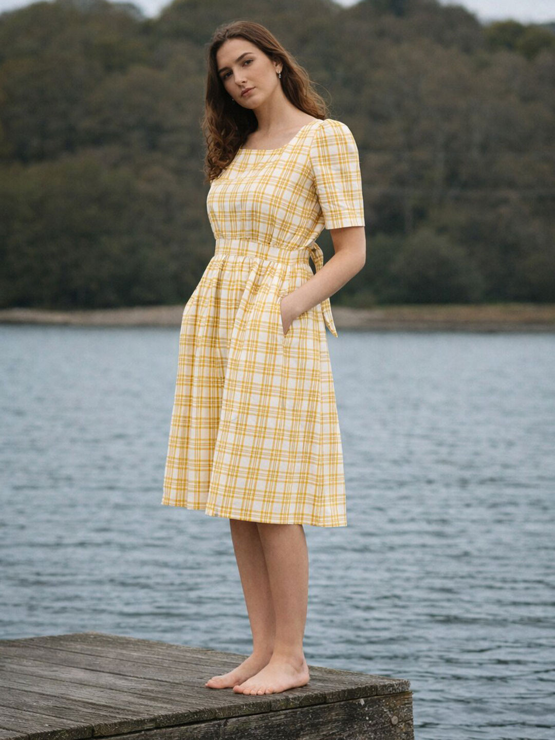 CUSTARD Checked Square Neck A-Line Midi Dress