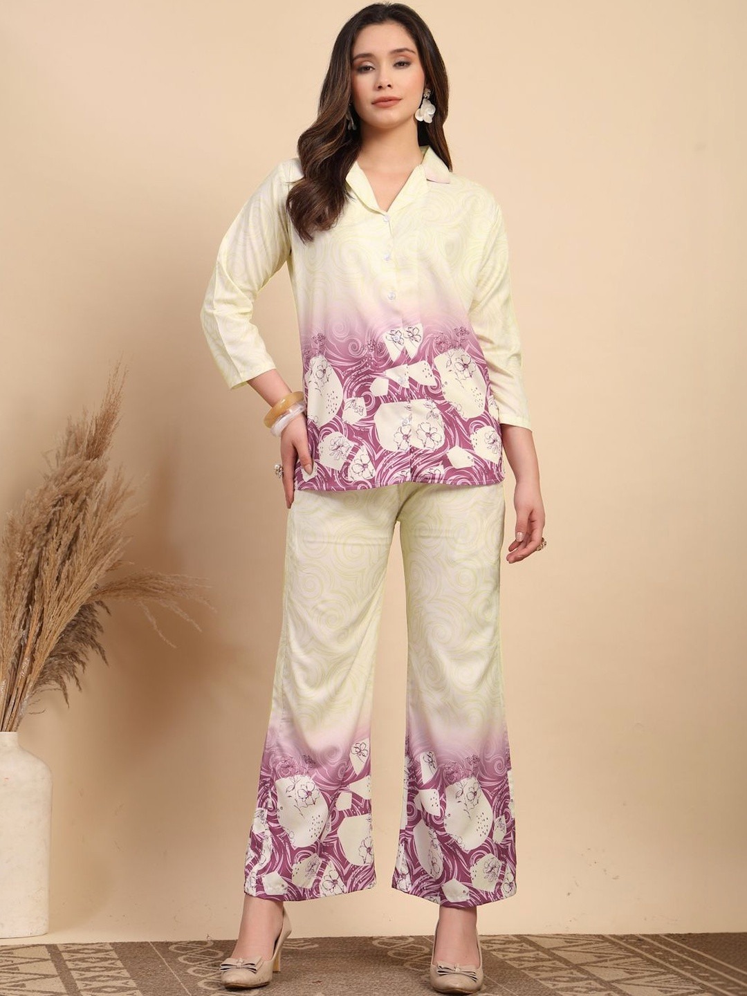 KLOTTHE Cream & Pink Printed Cotton Blend Shirt With Trousers