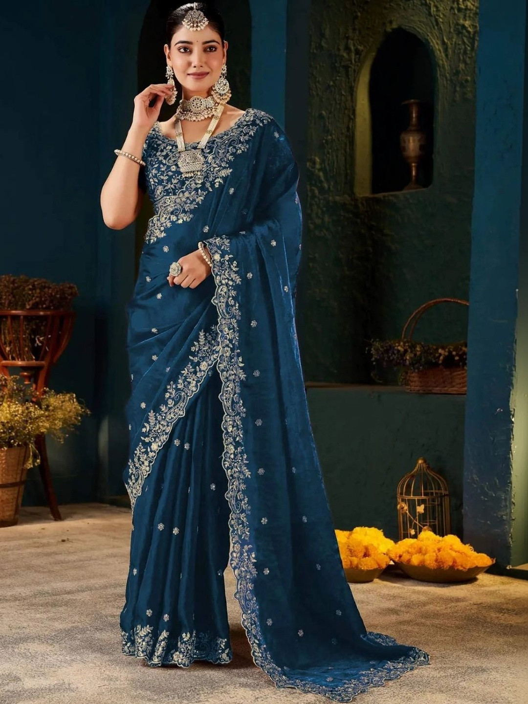 KALINI Paisley Embroidered Satin Designer Saree