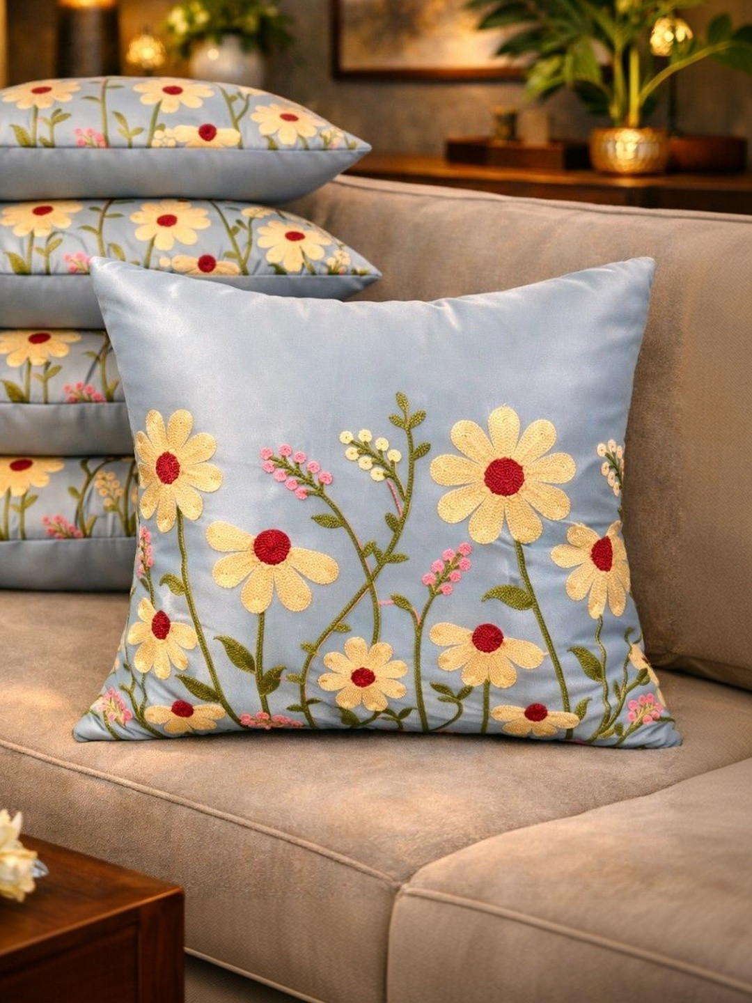 LOFEY Silver-Toned Set of 5 Embroidered Satin Square Cushion Covers