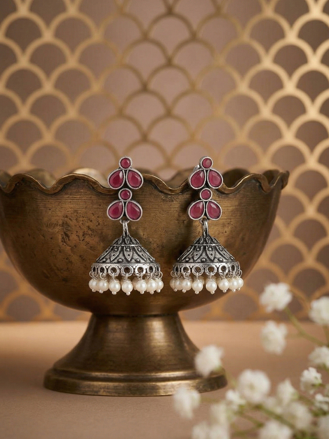 AITIHYA Silver-Plated Stone Studded Oxidised Dome Shaped Jhumkas