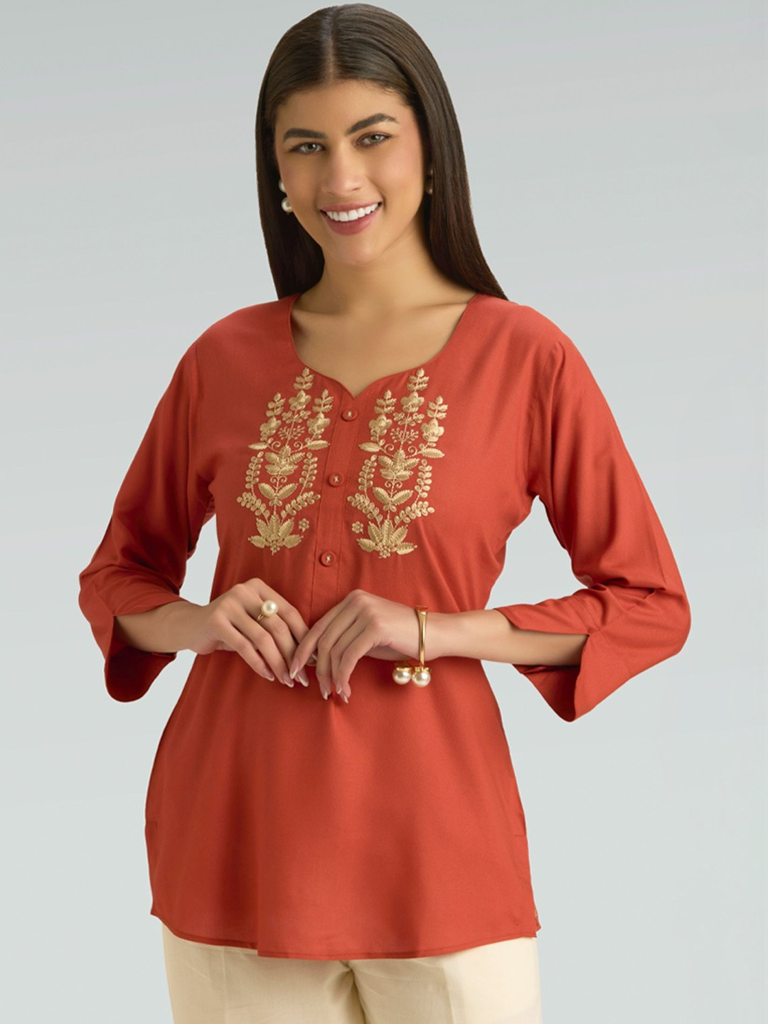 WOMEN PLUS Red Embroidered Thread Work Pure Cotton Kurti