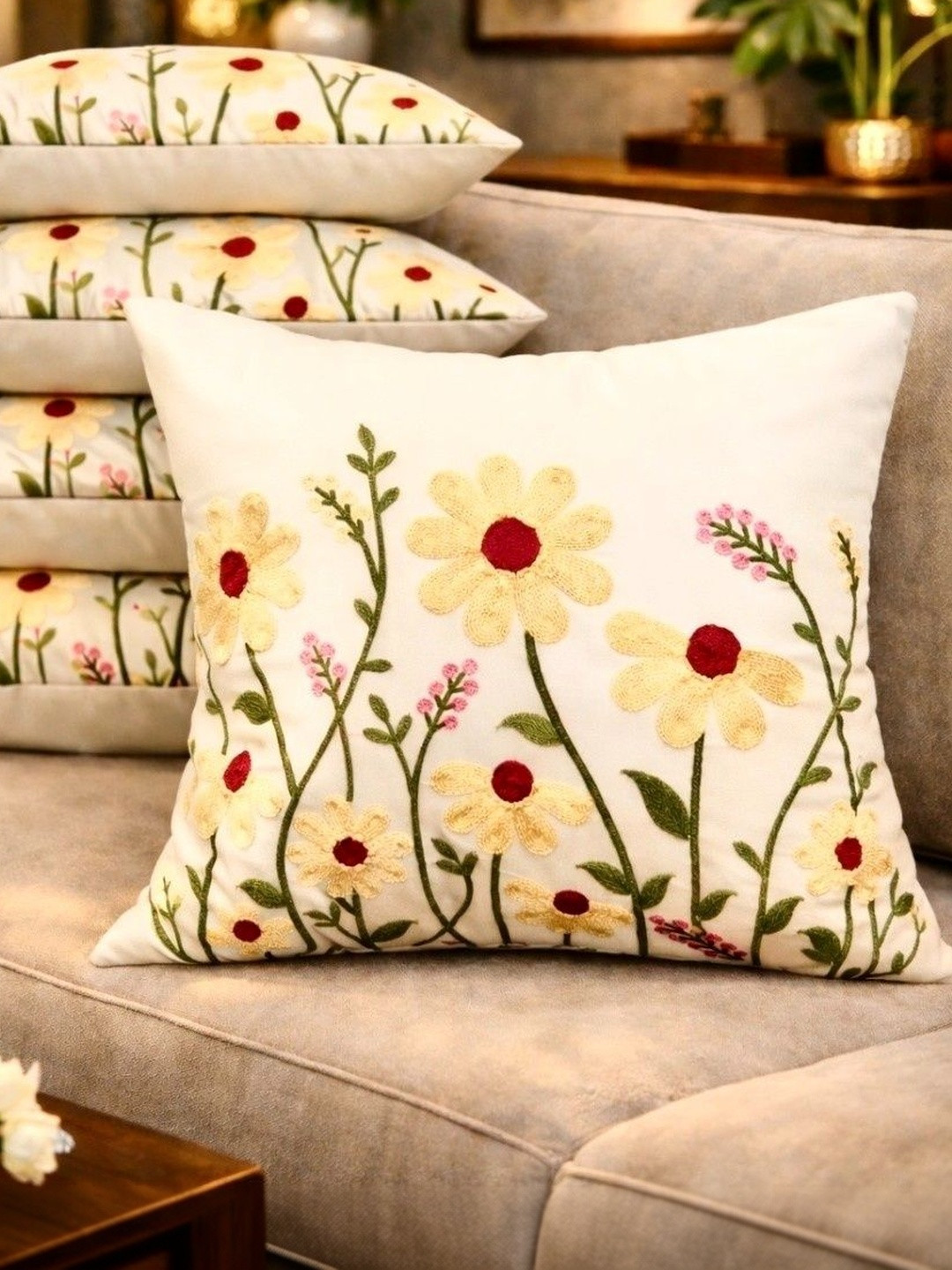 LOFEY White Set of 5 Embroidered Satin Square Cushion Covers