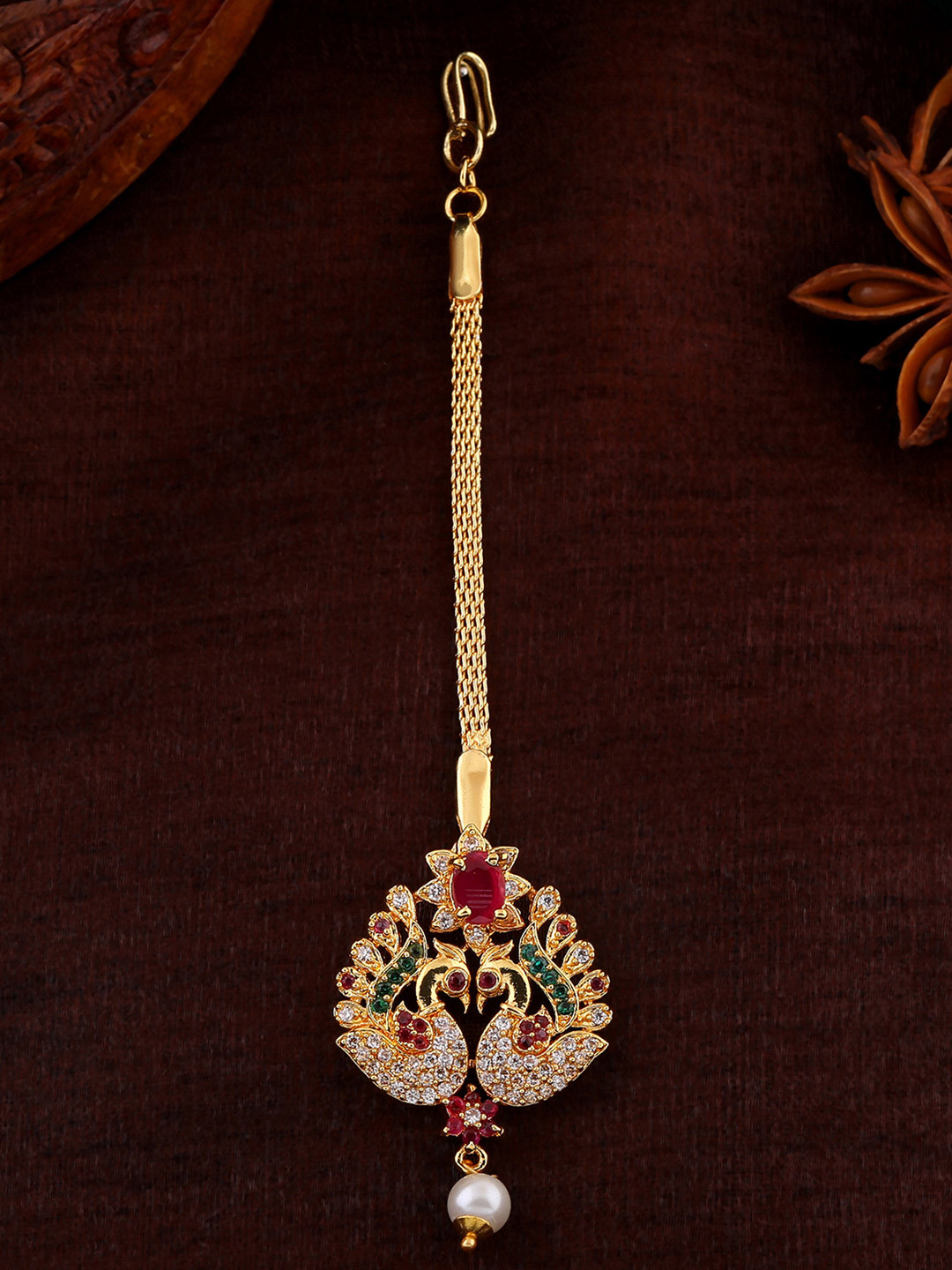 Estele Gold-Plated American Diamond Beaded Maang Tikka