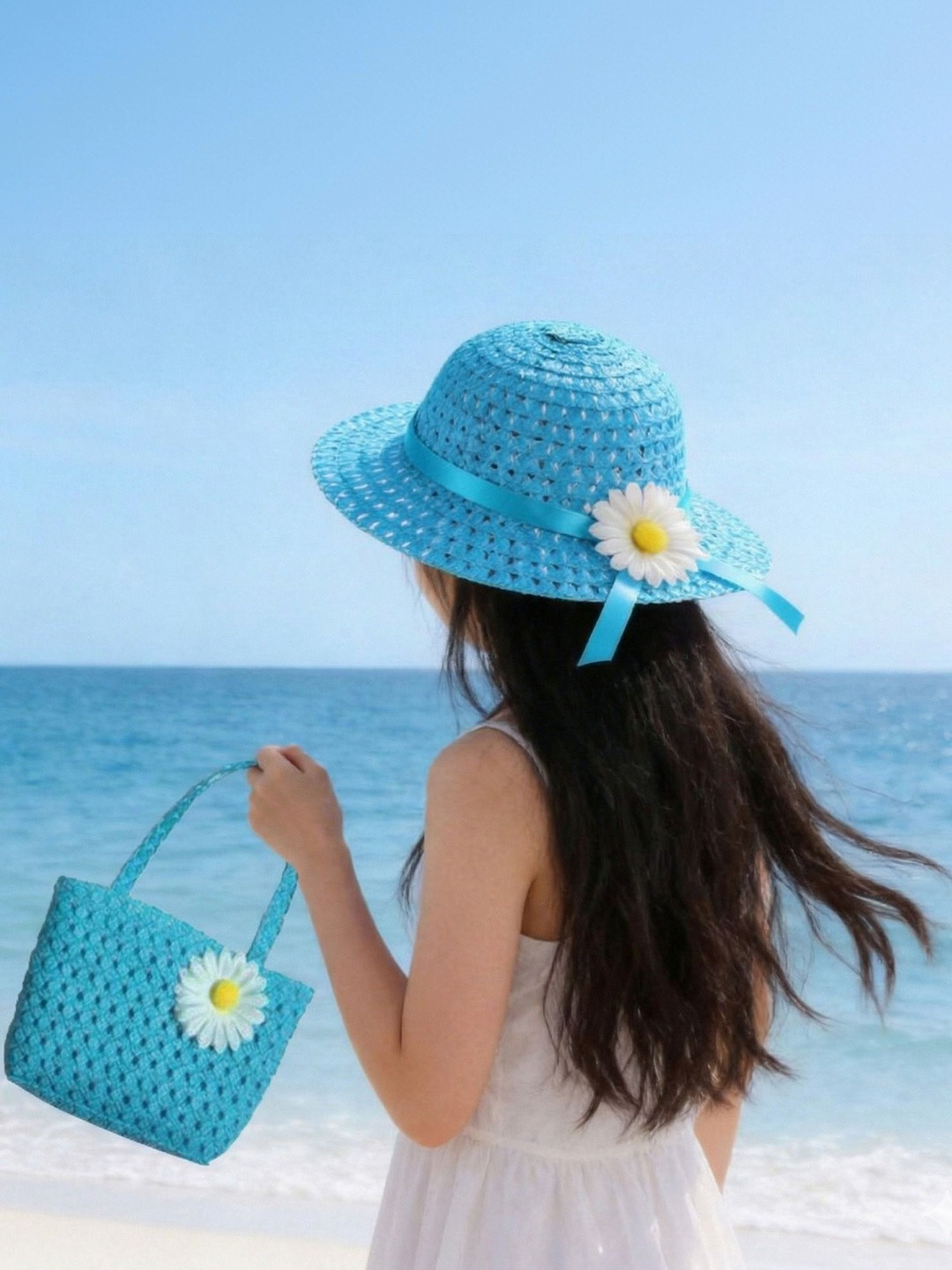 Babymoon Set of 2 Baby Girls Sunflower Straw Sun Hat With Sling Purse Handbag