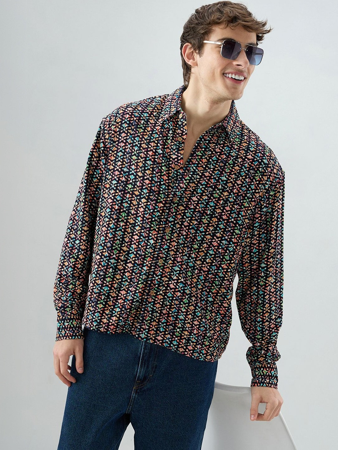 VASTRADO Ziya Shaam Multicolor Sequin Embroidered Oversized Polo Shirt