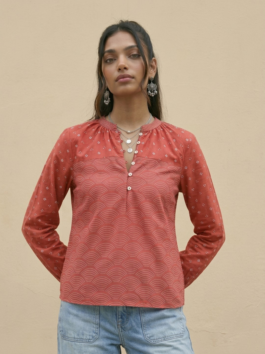 Red Ethnic Motifs High Neck Puff Sleeve Top