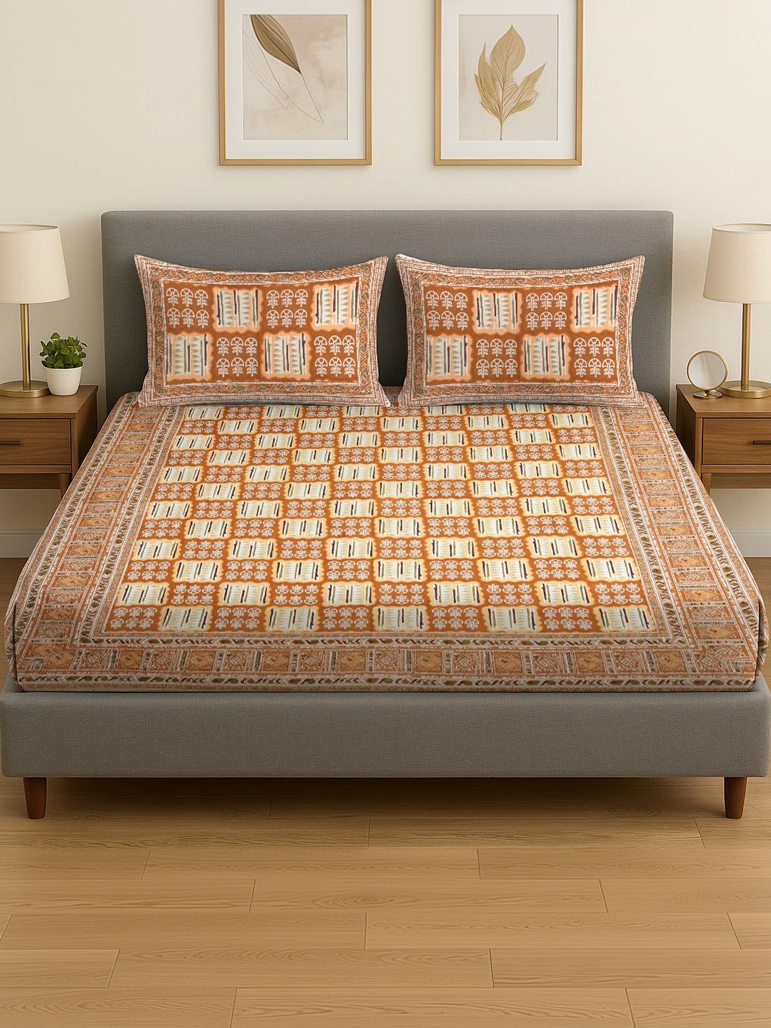 Spangle Camel Brown King Bedsheet with 2 Pillow Covers