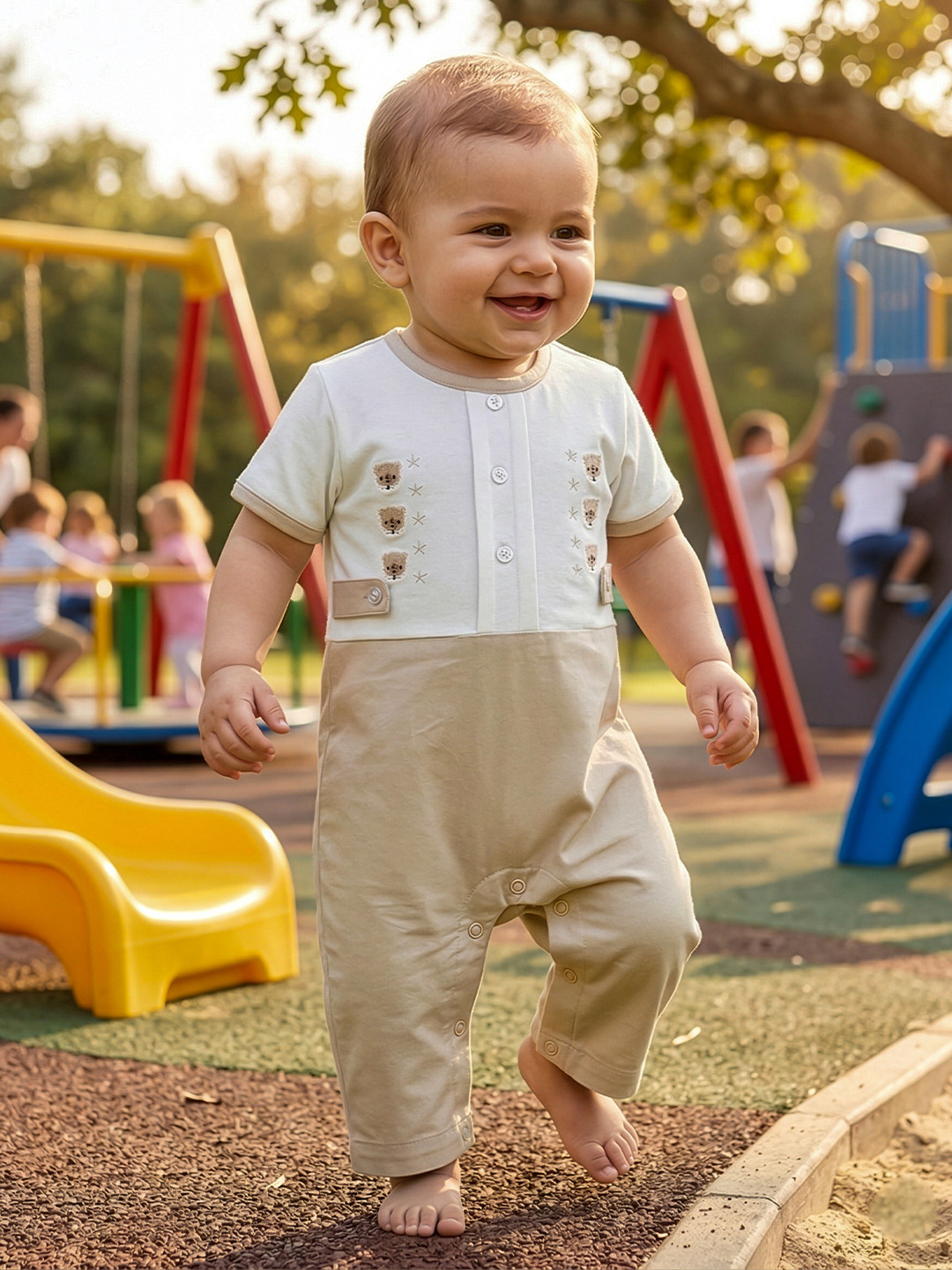 MeeMee Beige Infants Embroidered Cotton Rompers