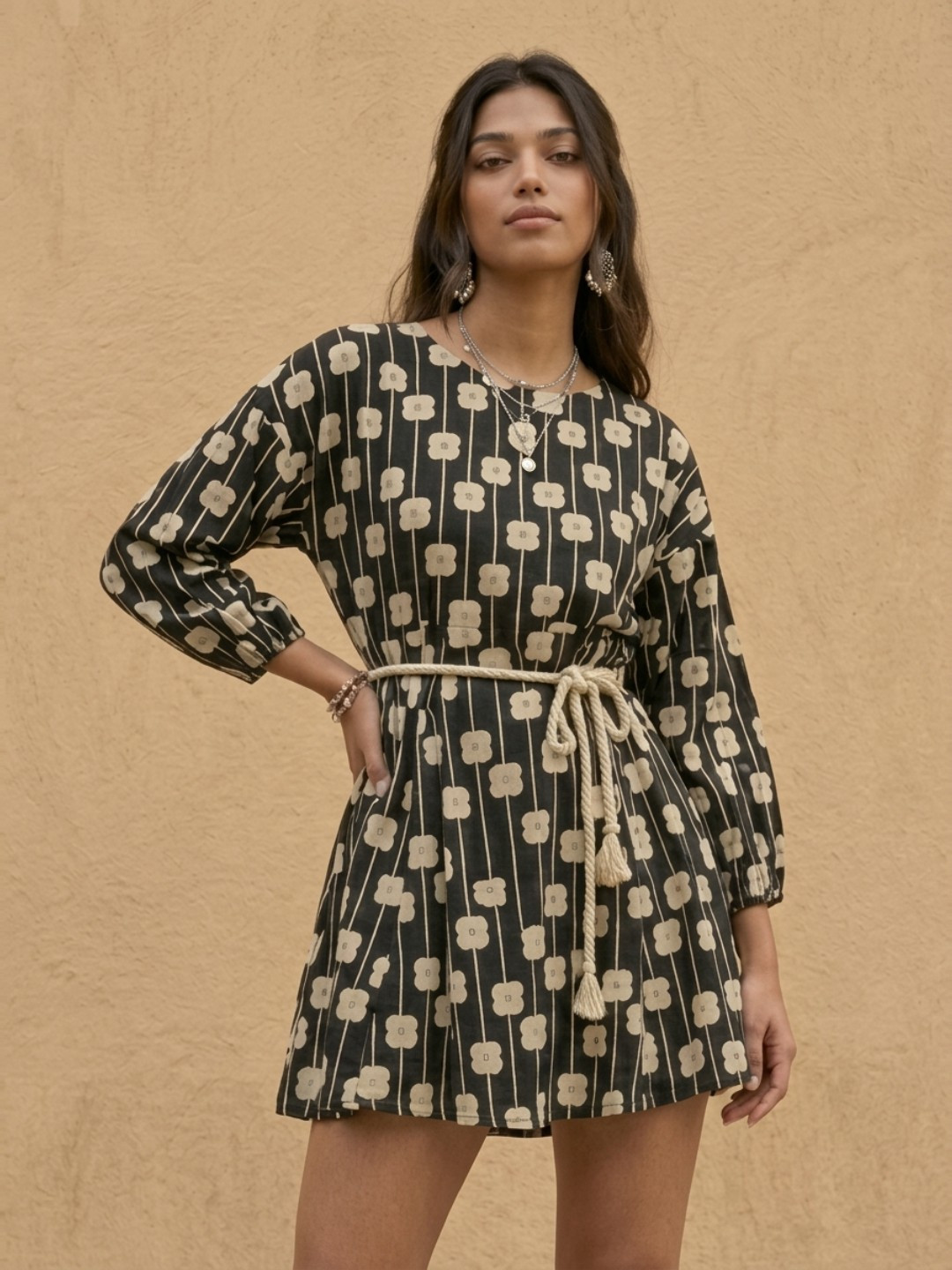 fusion by glitchez Floral Printed Puff Sleeves Pure Cotton A-Line Mini Dress
