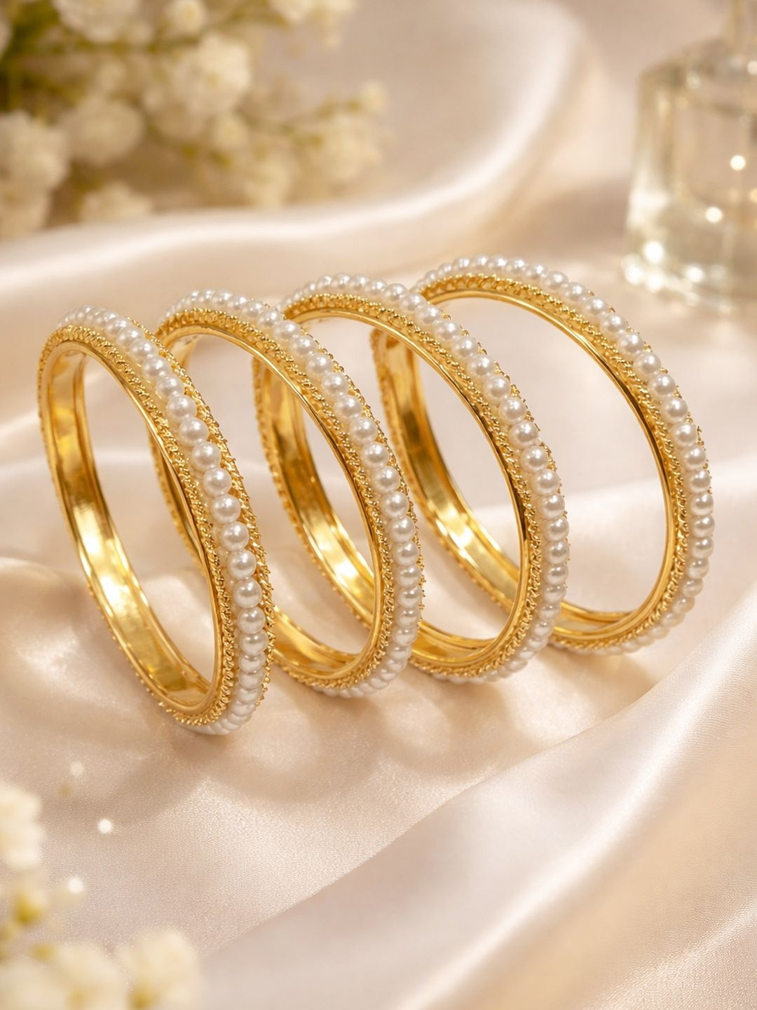Bhana Fashion Set of 4 Gold-Plated Pearls Bangles