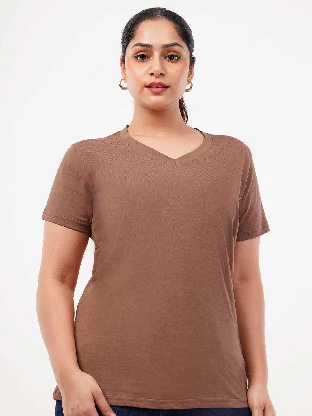 GlamZei Women Solid Cotton V-Neck Regular Fit Casual T-Shirts