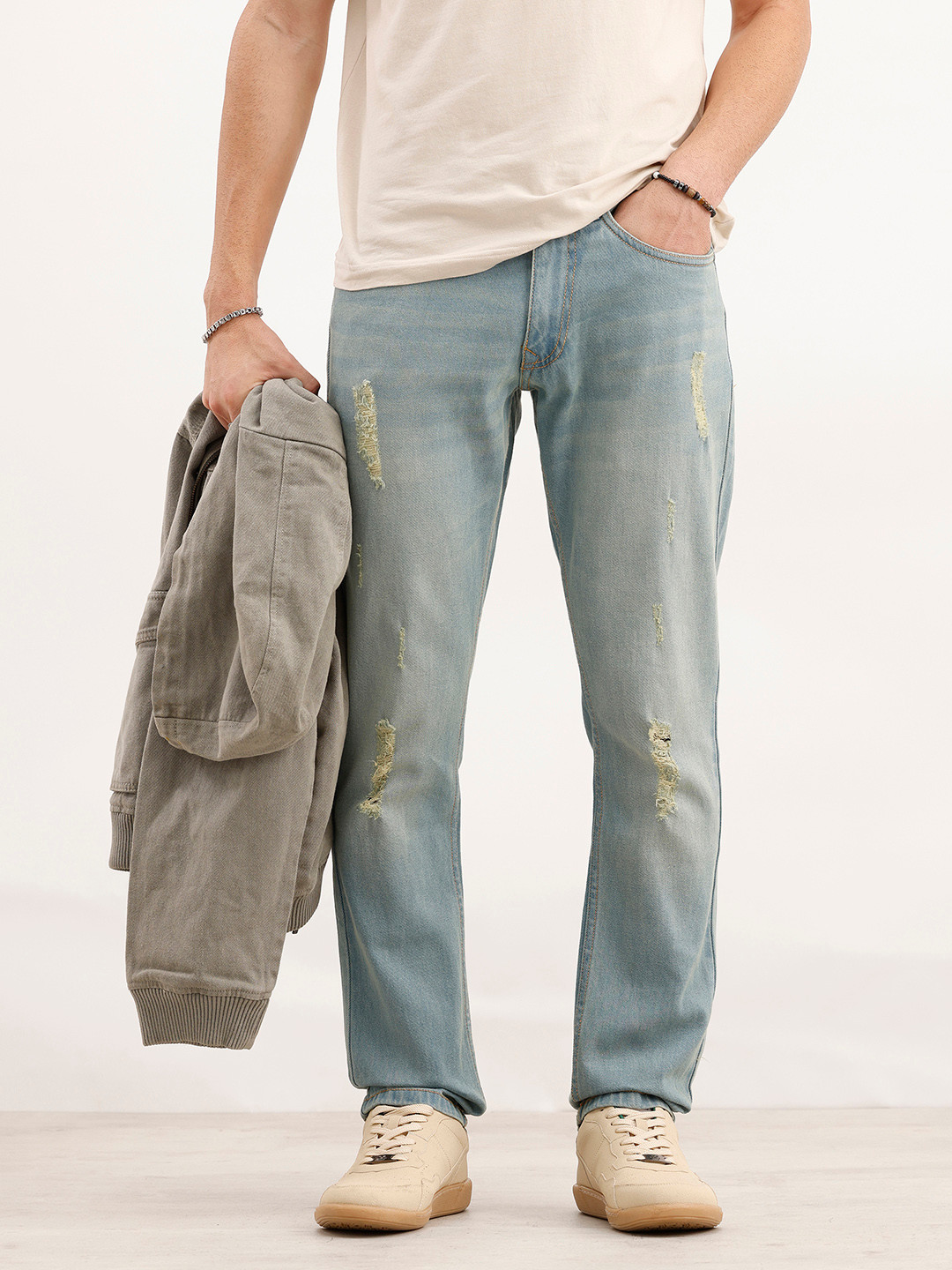 WROGN Men Slim Fit Mid-Rise Mildly Distressed Heavy Fade Stretchable Jeans