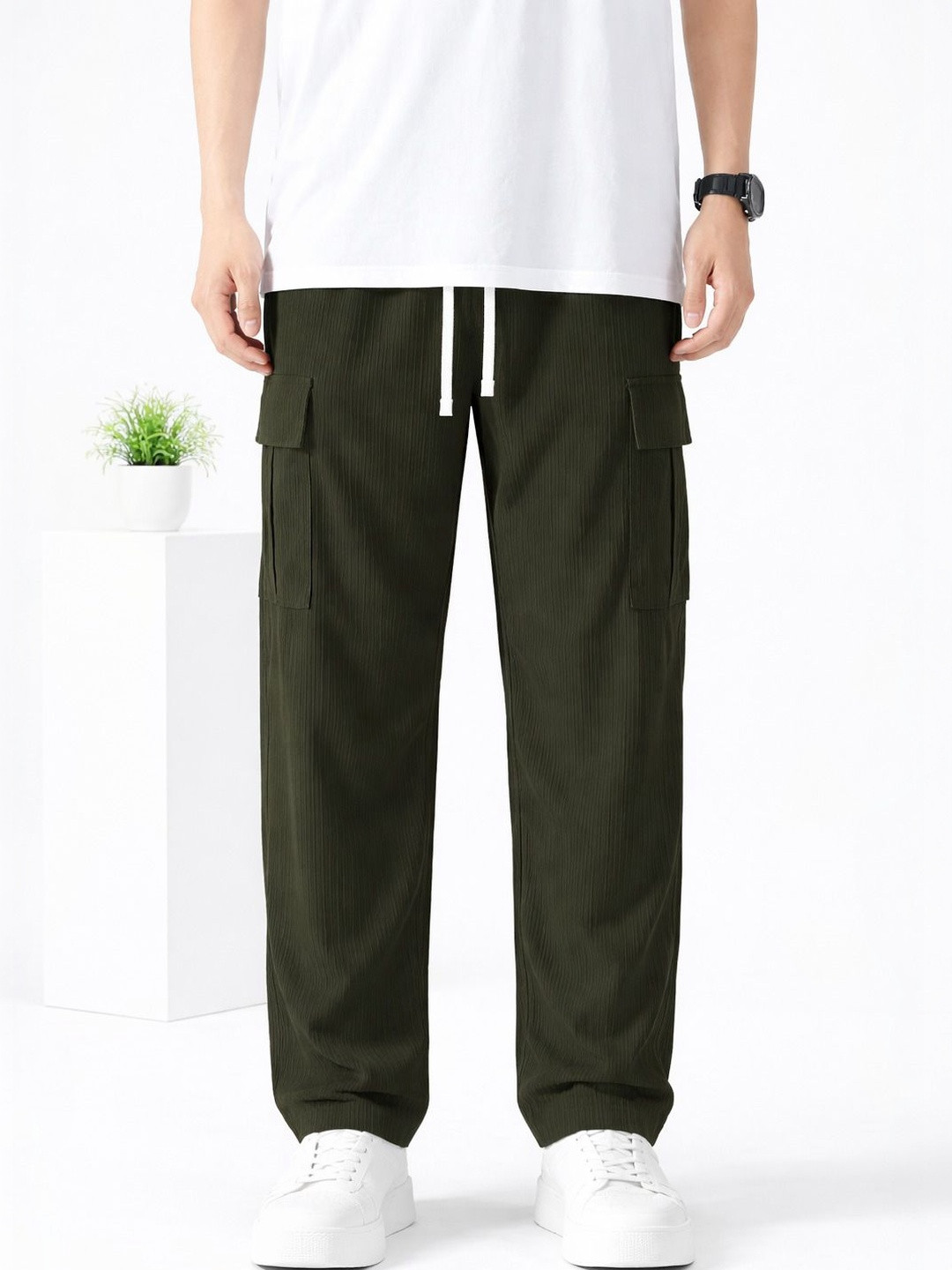 HERE&NOW Men Striped Relaxed Easy Wash Cargos Trousers