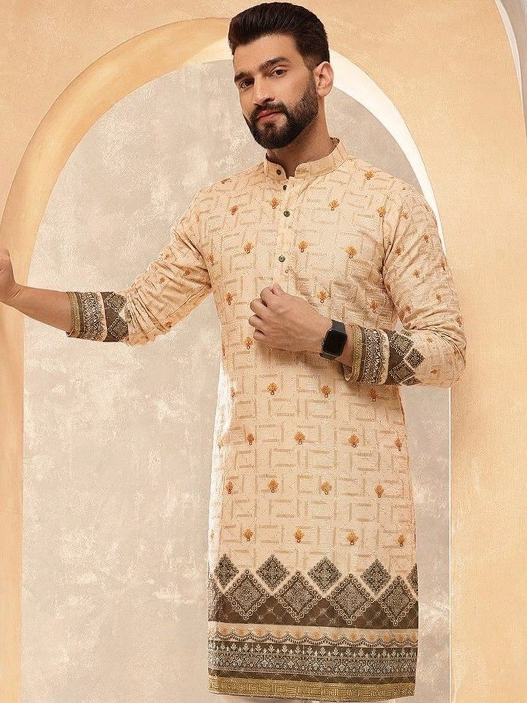 VELKYNOX Men Ethnic Motifs Printed Sequinned Floral Kurta
