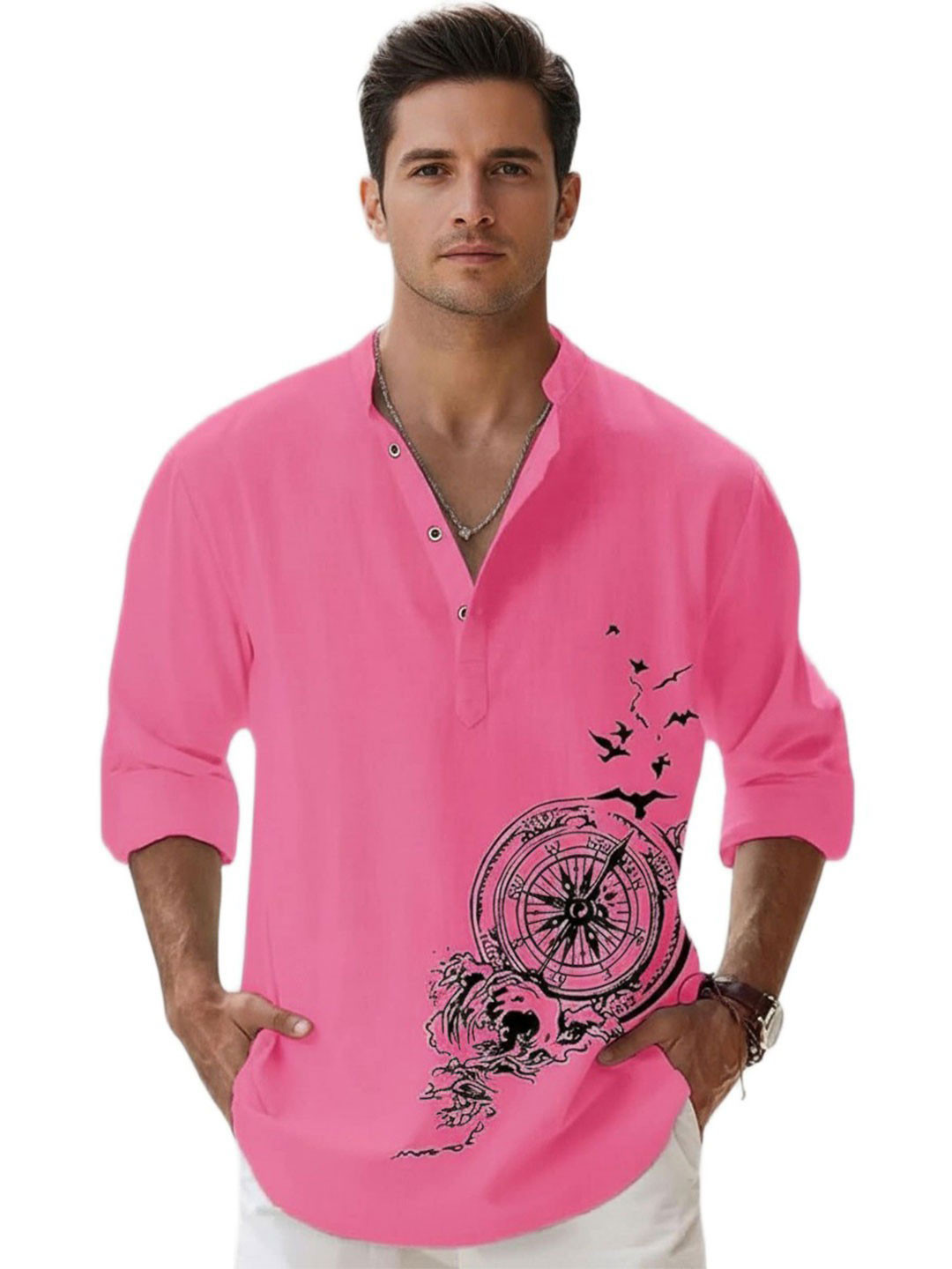 Deelmo Men Graphic Printed Band Collar Casual Shirt