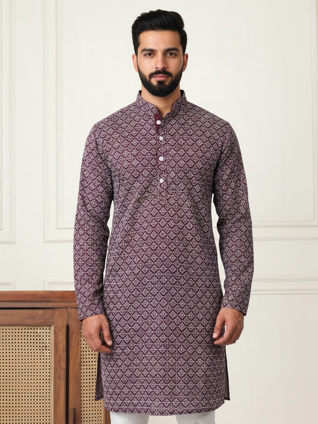 HERE&NOW Men Long Sleeves Mandarin Collar Printed Kurta
