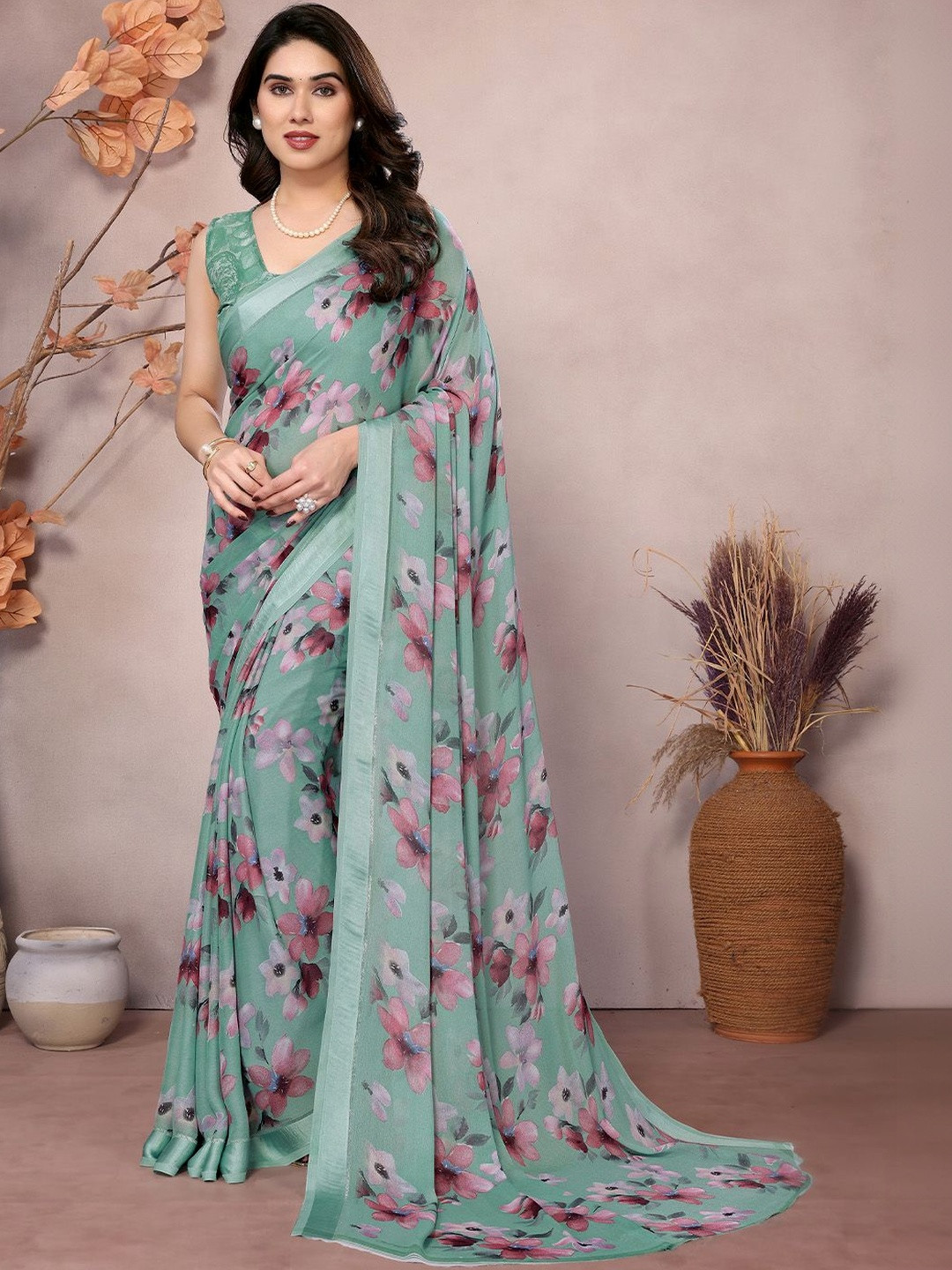 LOOM SUTAA Floral Pure Georgette Designer Saree