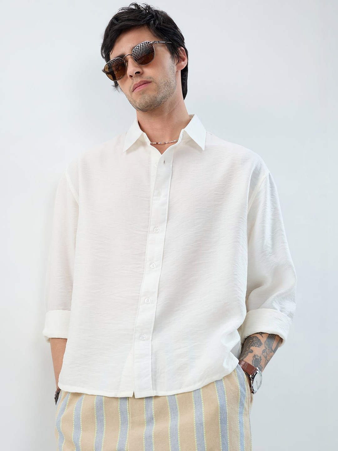 VASTRADO Solid White Crinkled Boxy Fit Crop Shirt