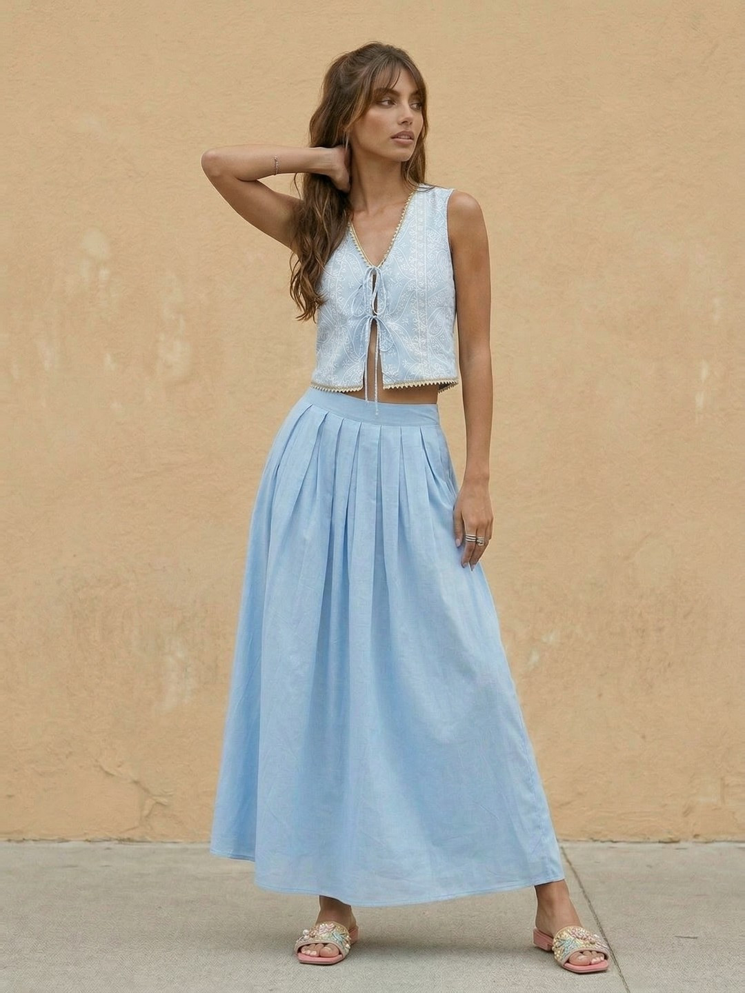 Blue Embroidered Sleeveless Top with Solid Maxi Skirt